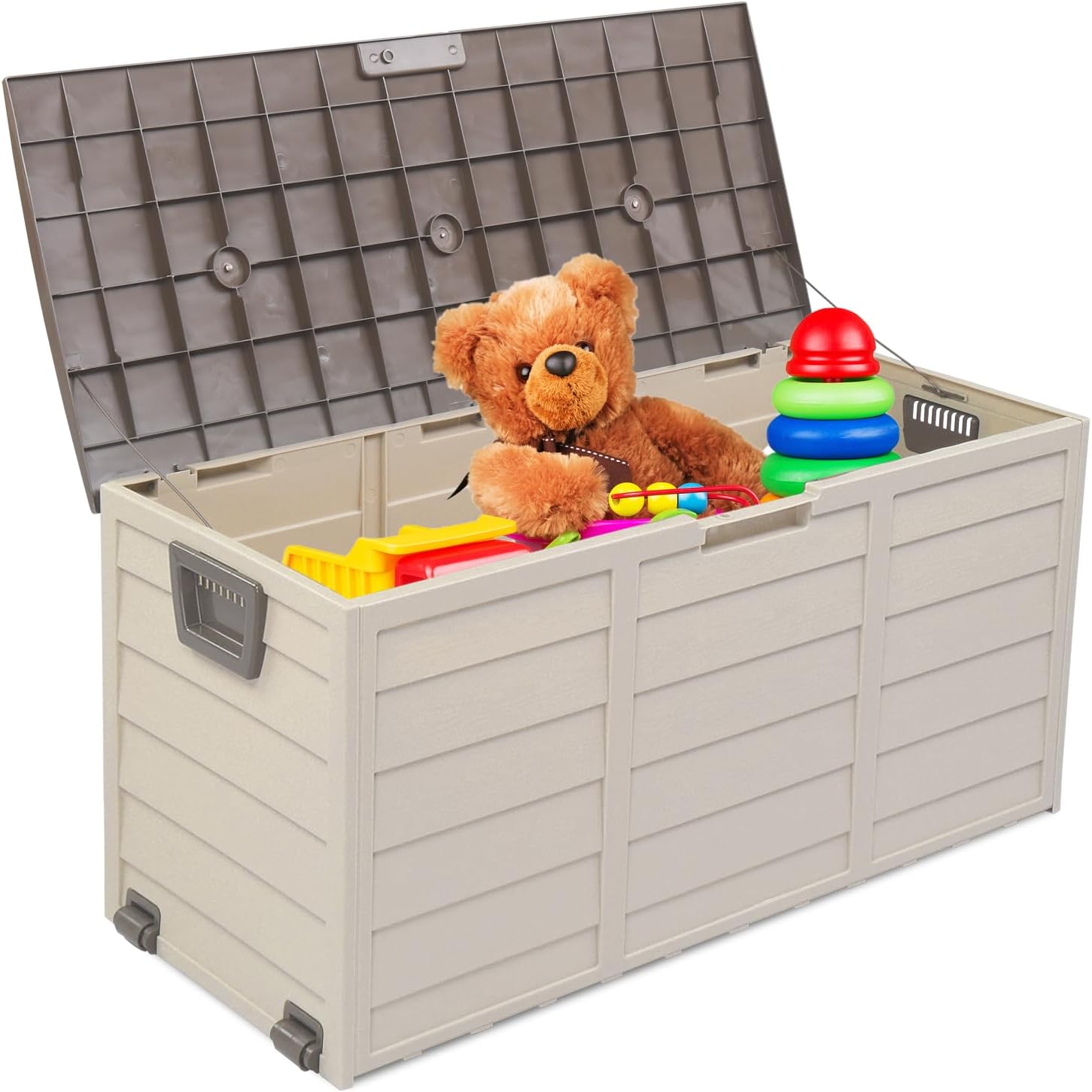 Lockable Outdoor Storage Box with Wheels, 75 Gallon Waterproof Deck Box, Patio Storage Box for Gardening Tools, Pool Supplies, Patio Furniture, Coffee