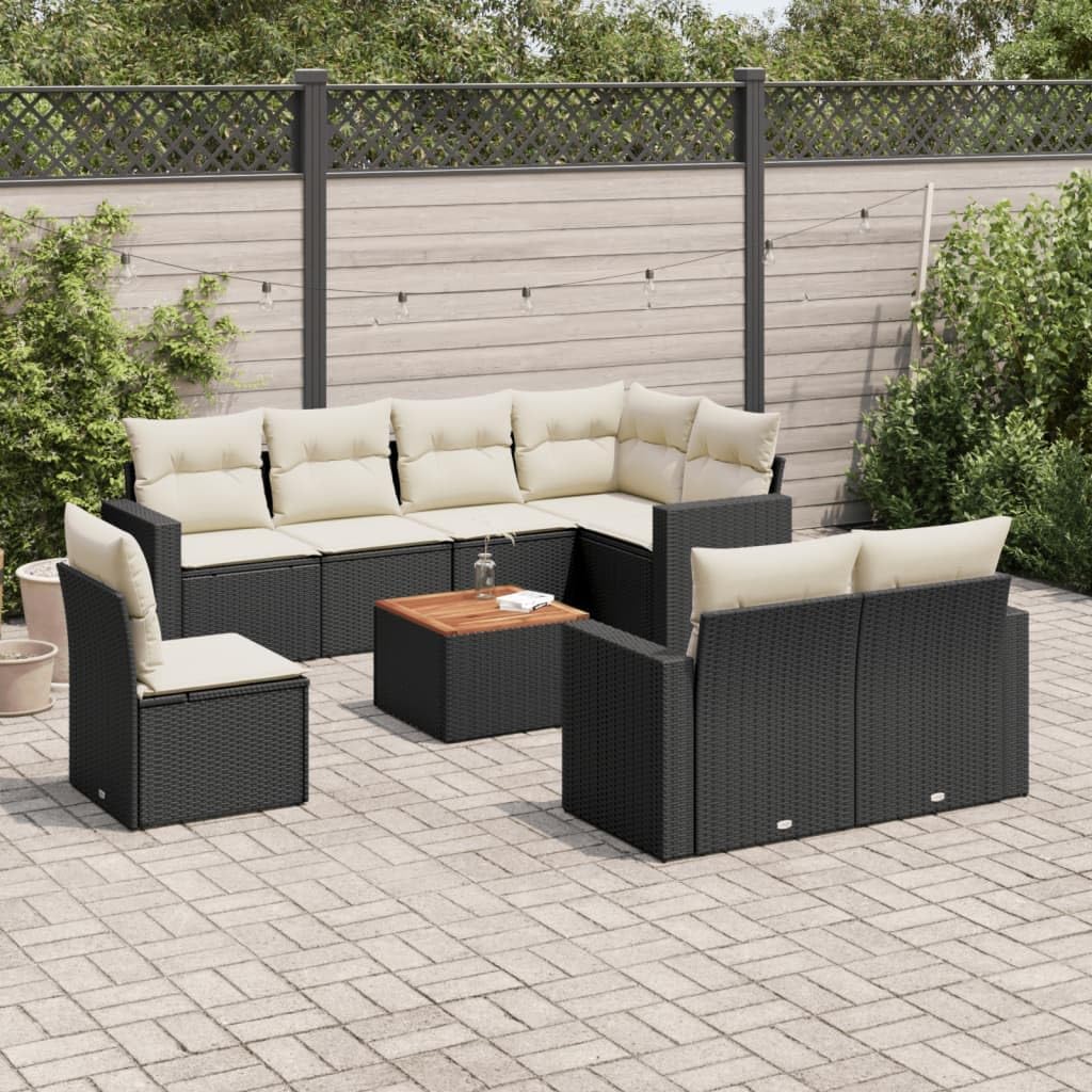 9 Piece Modular Garden Sofa Set, Black PE Rattan Outdoor Furniture with Acacia Wood Table, Weather-Resistant Patio Dining Sets for Balcony