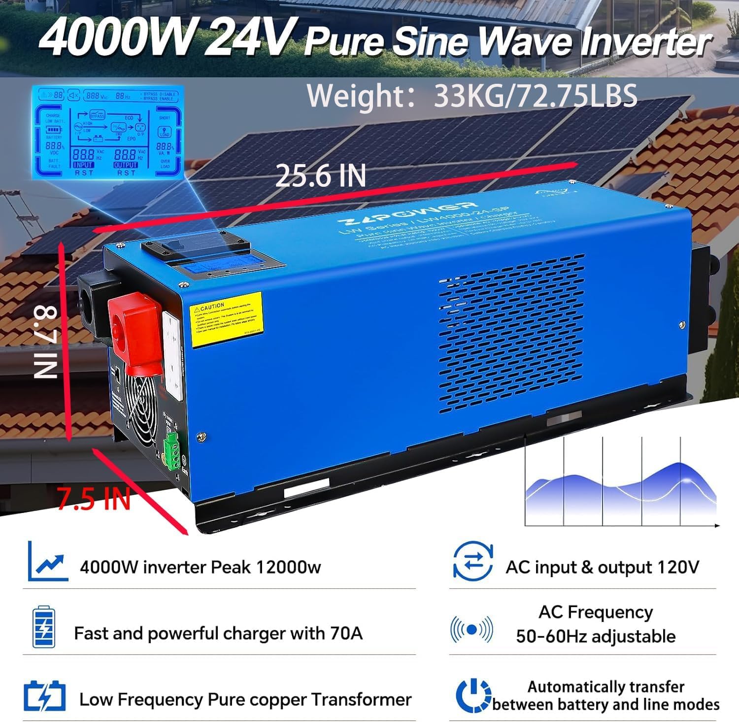 ZLPOWE 4000W 24V Inverter Pure Sine Wave Inverters Low Frequency 240Vac Input 120Vac/240Vac Output Split Phase with Battery Charger Off-Grid 12000W Peak for RVs Home