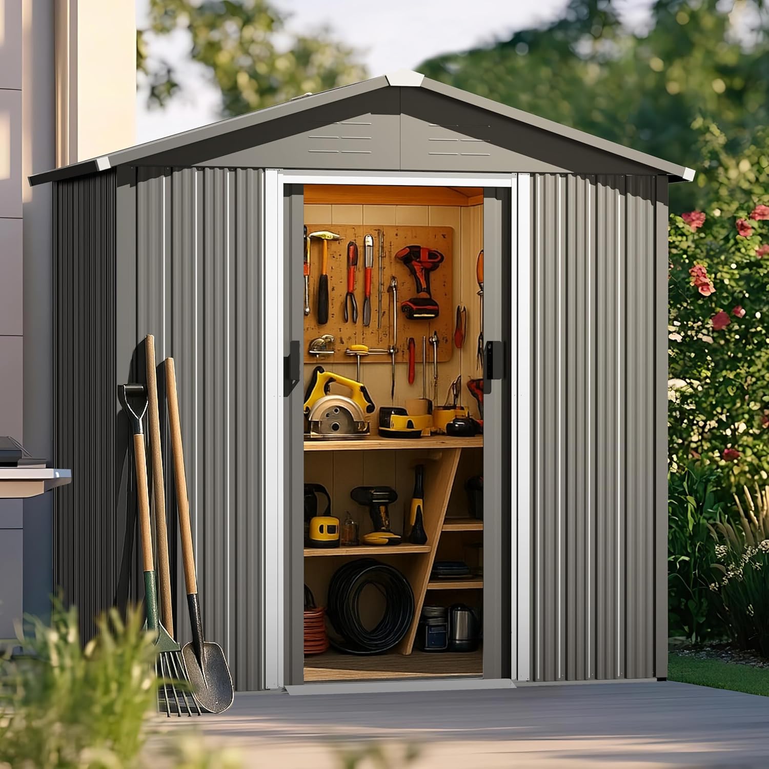 Nuu Garden 6 x 4 FT Outdoor Storage Shed with Sliding Doors, Galvanized Metal Garden Storage Shed with Sloping Roof, Rust-Resistant Backyard Tool Shed with Air Vents for Patio, Lawn, Gray