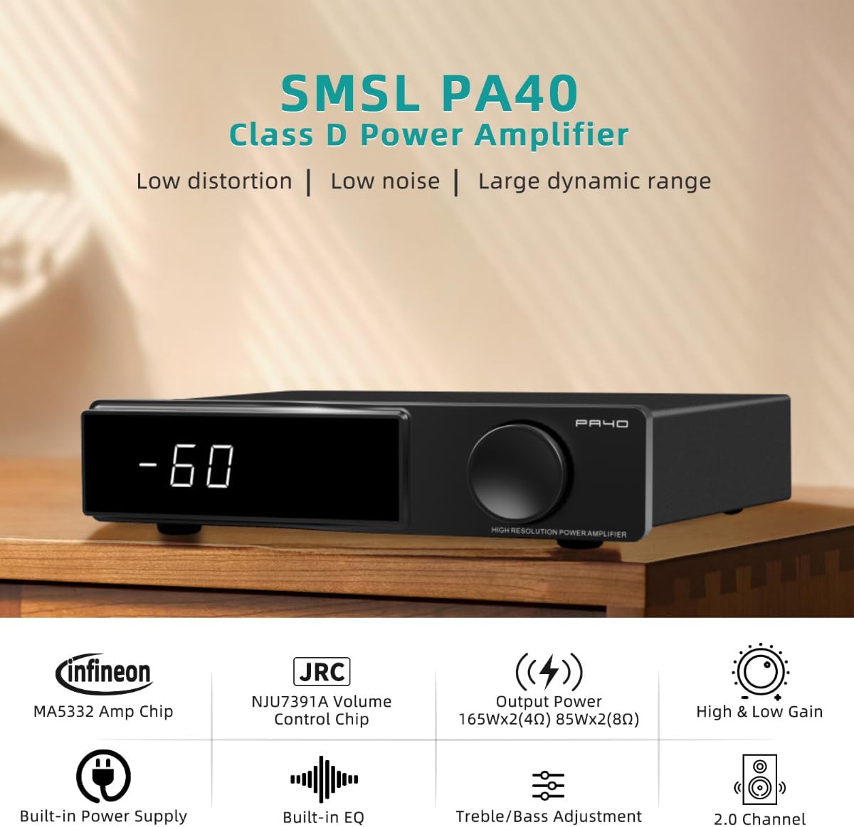 SMSL PA40 Class D Power Amplifier, 165Wx2 Stereo Amplifier for Passive Speakers, with MA5332 Chip/EQ/Bass Treble Control/Built-in Power Supply