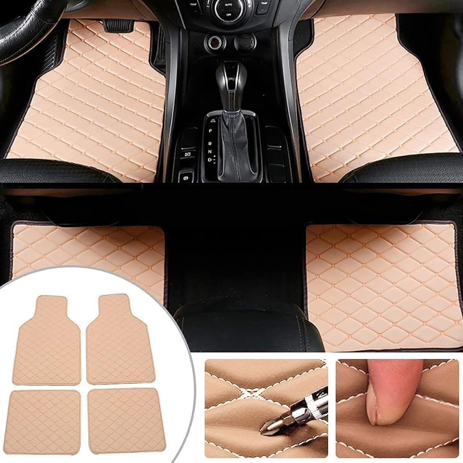 4 Pcs Leather Car Floor Mats for Audi S3 3rd Generation 2013-2020, Custom Front Rear Row Foot Pads Liners Waterproof Anti-Slip Carpet Protection Interior Accessories,A/Beige