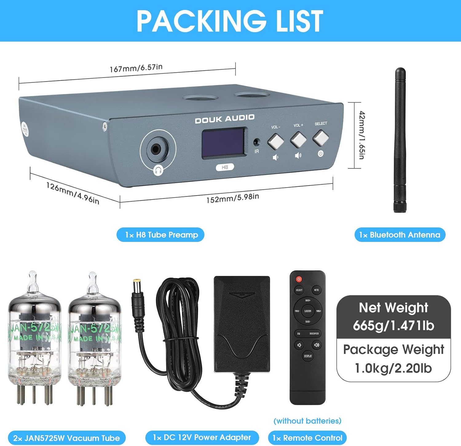 Douk Audio HiFi Tube Bluetooth Preamp Receiver Balanced XLR/RCA Pre-Amplifier Headphone Amp (H8)