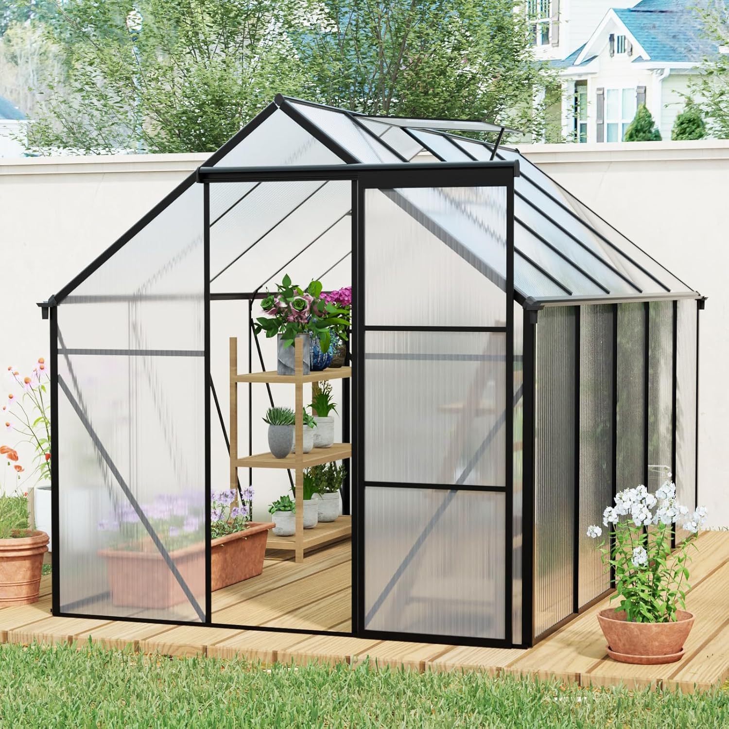 6X10ft Greenhouse Garden, Anchor Aluminum Heavy Duty Walk-in Greenhouse, Polycarbonate Outdoor Shed, Sliding Single Door, Outdoor Backyard for All Seasons