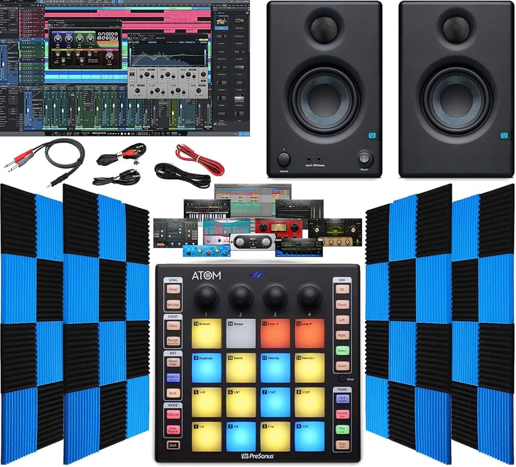 PreSonus ATOM Production/MIDI Pad Controller for USB/iPad & iOS | Eris 3.5 Pair Monitors, 24 Pack Acoustic Soundproof Foam Wedge Sound Insulation Panels + 3.5mm / TRS to Dual 1/4