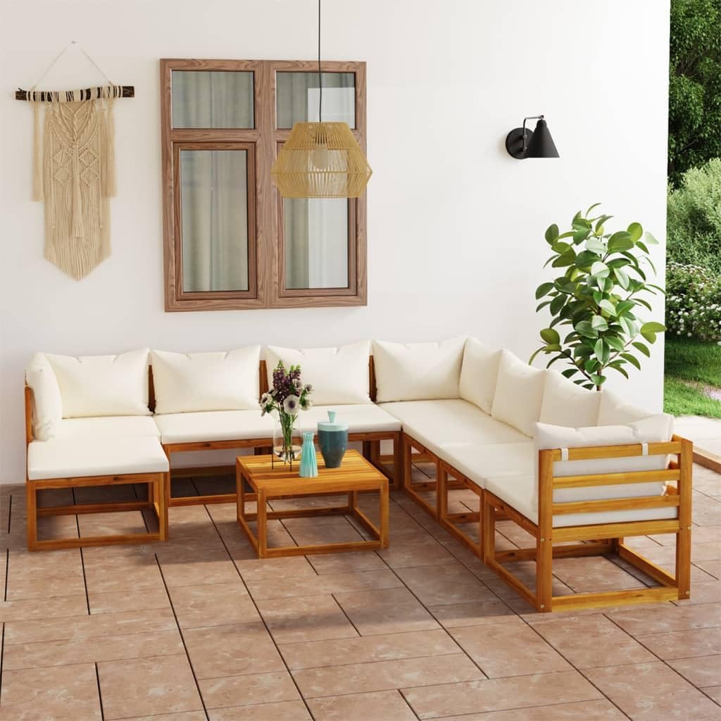 9 Piece Patio Lounge Set with Cushion Cream Solid Acacia Wood,Acacia Wood Lounge Set with Modular Design for Patio and Garden Furniture Sets for Patio, Lawn & Garden