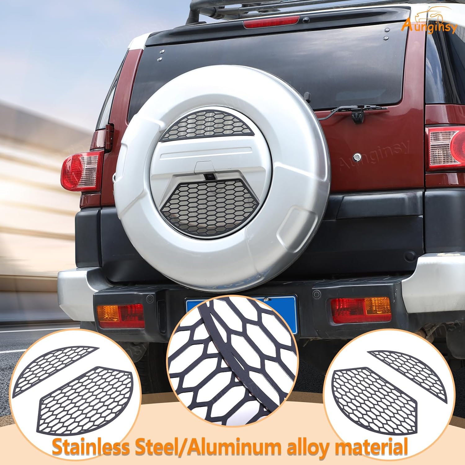 Aunginsy Car Spare Tire Cover Grill Mesh Trim Compatible with Toyota FJ Cruiser 2007-2021 Aluminum Rear Spare Tire Tyre Panel Protective Mesh Cover Decorative Spare Tire Patch Exterior Accessories