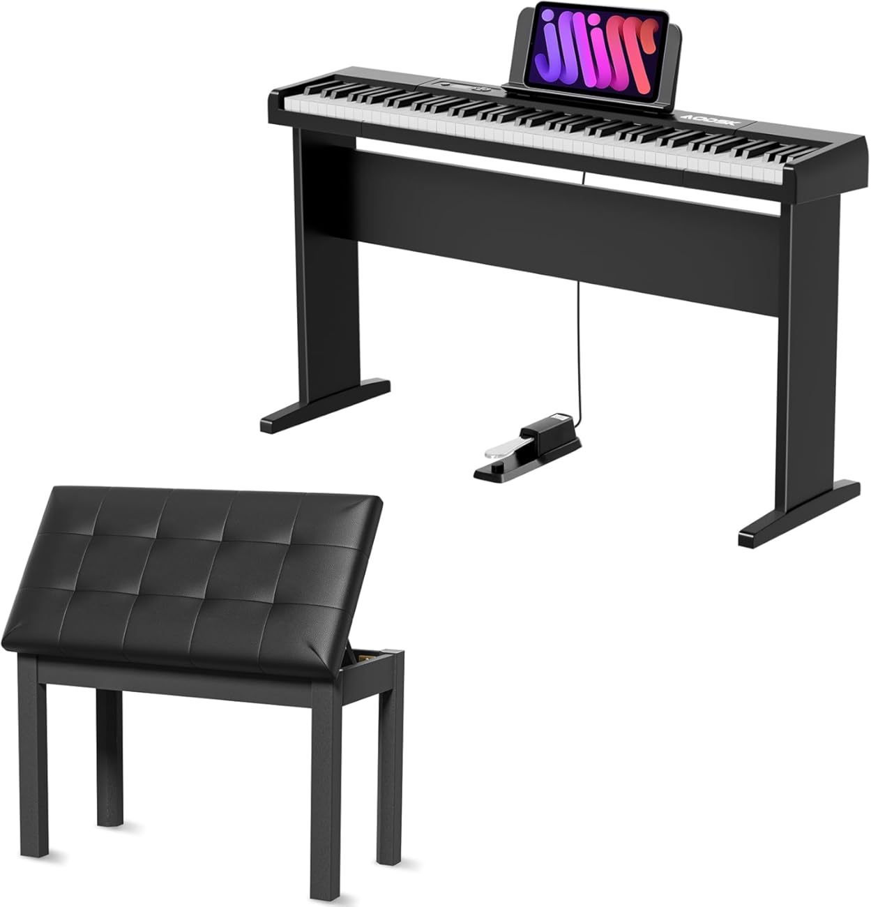 AODSK 88 Key keyboard piano, Portable Digital Piano with Wooden stand Set+Wooden Duet Piano Bench with Padded Cushion and Storage Compartment