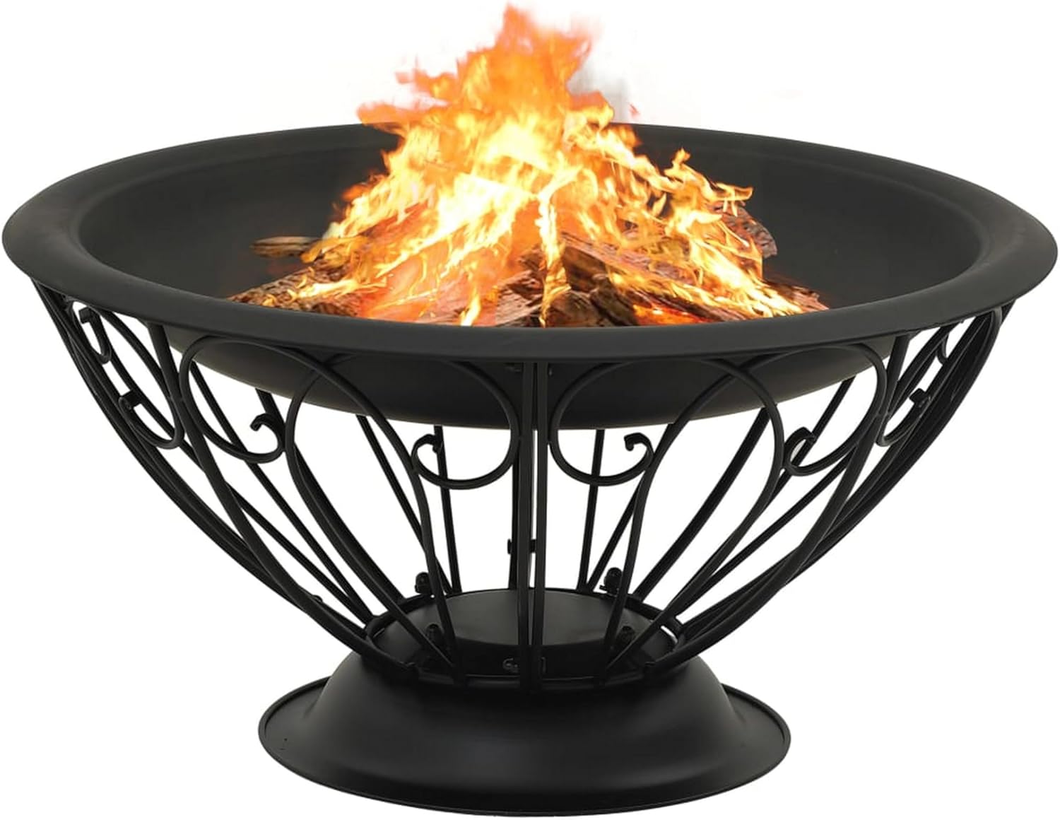 Benjara Outdoor Fire Pit with Poker and Mesh Cover, 30 Inch Black Steel Frame