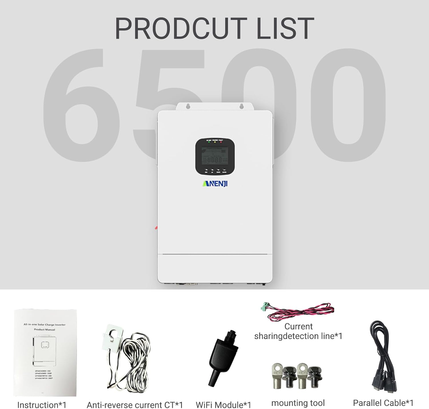 6500W Hybrid Solar Inverter 48V,Dual MPPT,300V 60A Charger,Split Phase 120V,Support Parallel Pure Sine Wave Off-Grid+On-Grid Inverter for Home Loads,Lead Acid/Lithium Battery Compatible