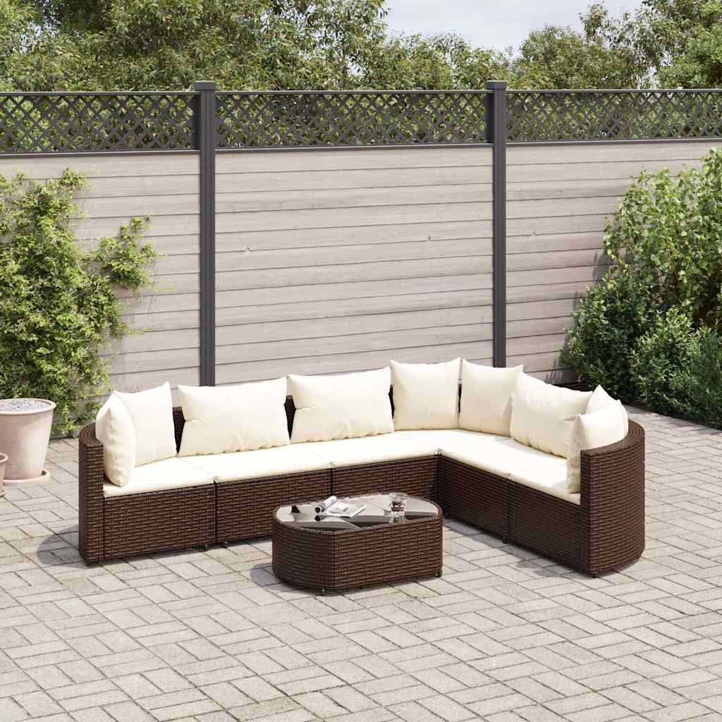 7 Piece Patio Sofa Set with Cushions, Brown Poly Rattan Outdoor Furniture, Modular Design with Tempered Glass Table, Balcony Dining Set