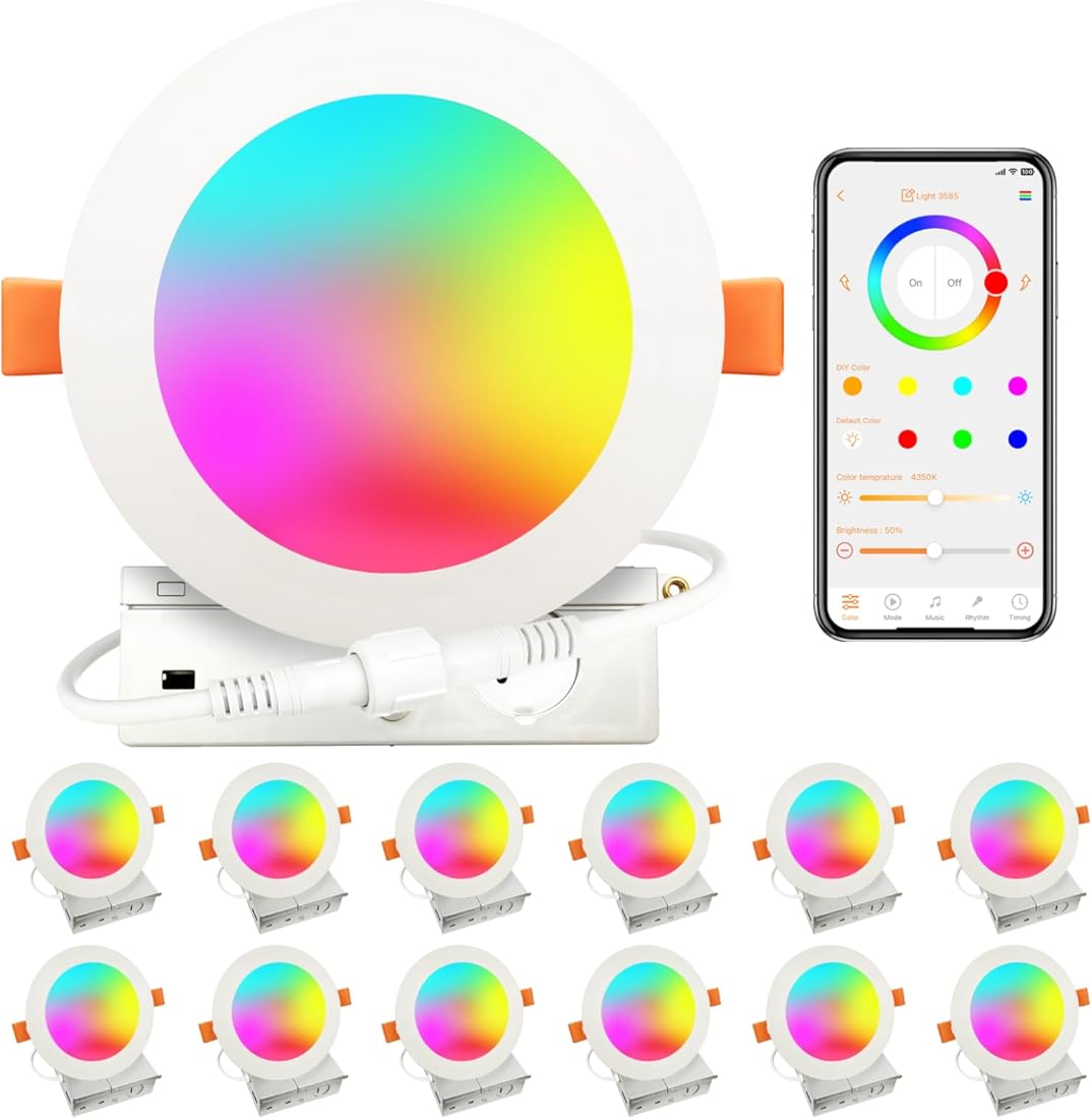 MELPO Smart Recessed Lighting 4 Inch Work with Alexa & Siri，12W 1100LM Recessed Ceiling Light 2700K-5700K，16 Million Colors，Music Sync, DIY Scenes, DIY Flash, LED Downlight with Junction Box，12 Pack