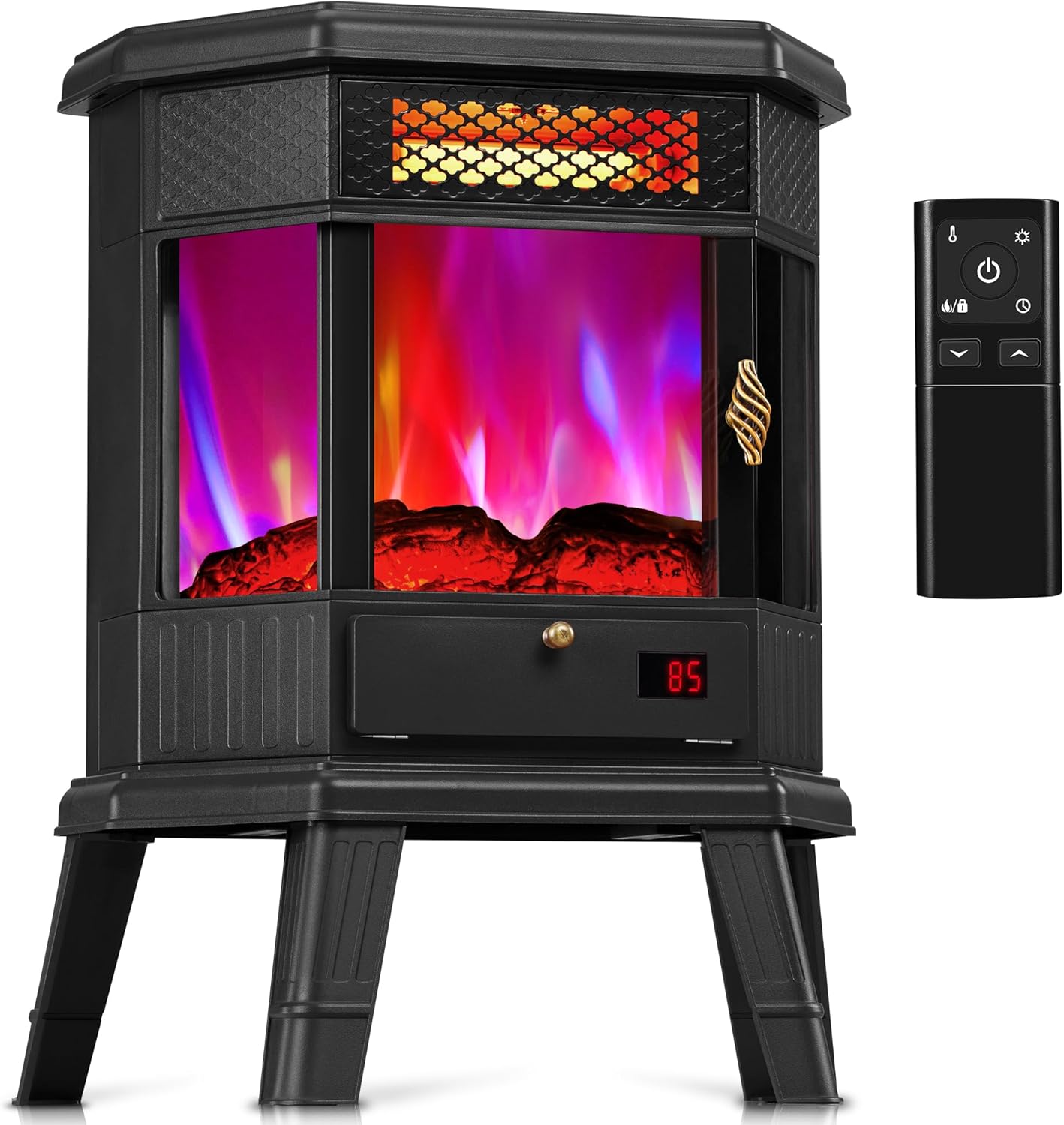 RealSmart Electric Fireplace Heater 22 in Freestanding Fireplace Stove Infrared Quartz Fireplace for Idoor Use with 3D Flame Effect Remoted Control, Timer, Overheating Protection Black