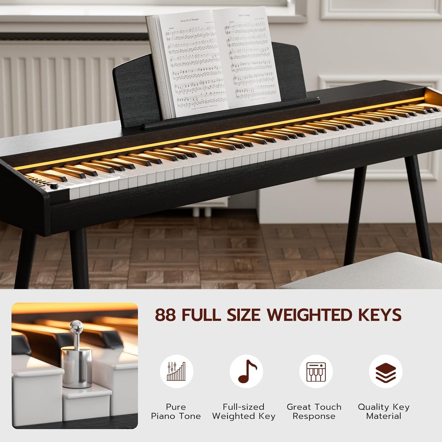 UMOMO UM-725 88 Key Weighted Digital Piano with Adjustable Light, 88 Key Progressive Hammer-action Keyboard Piano for Beginners with MIDI, Black