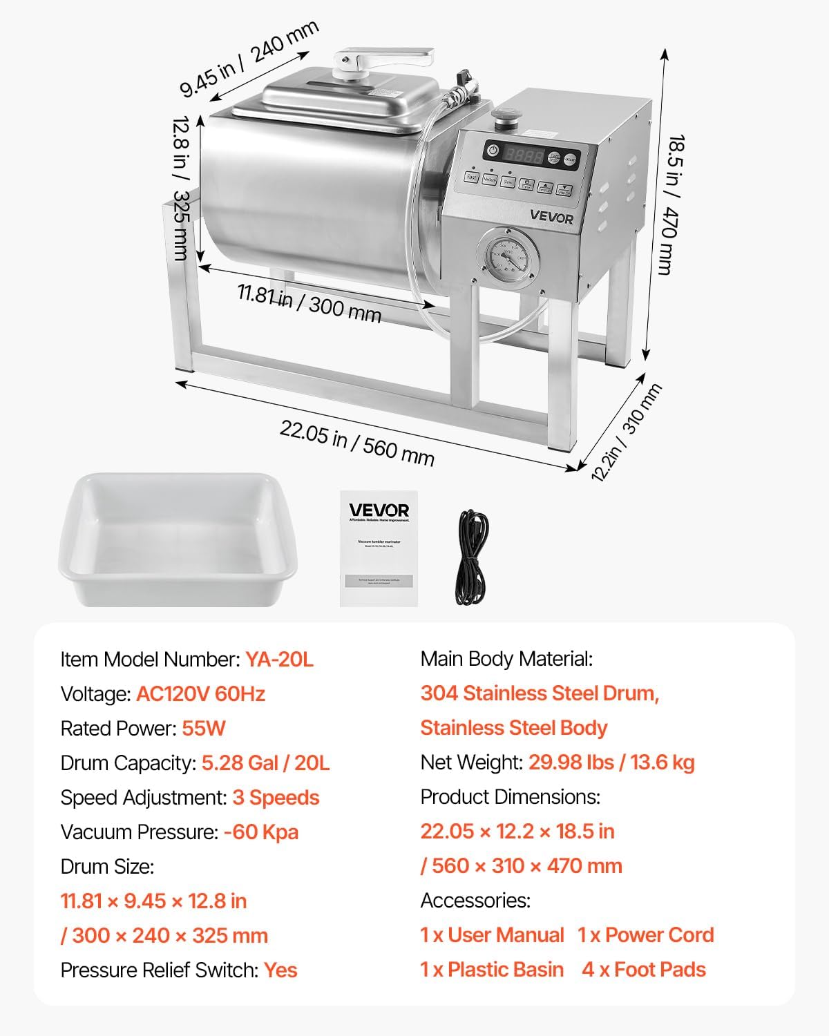 VEVOR Commercial Meat Tumbler Marinator, 20L Vacuum Tumbler Marinating Machine with Bidirectional Rotation and 3-Speed, Stainless Steel Vacuum Curing Machine for Chicken Steak Pork, Restaurant
