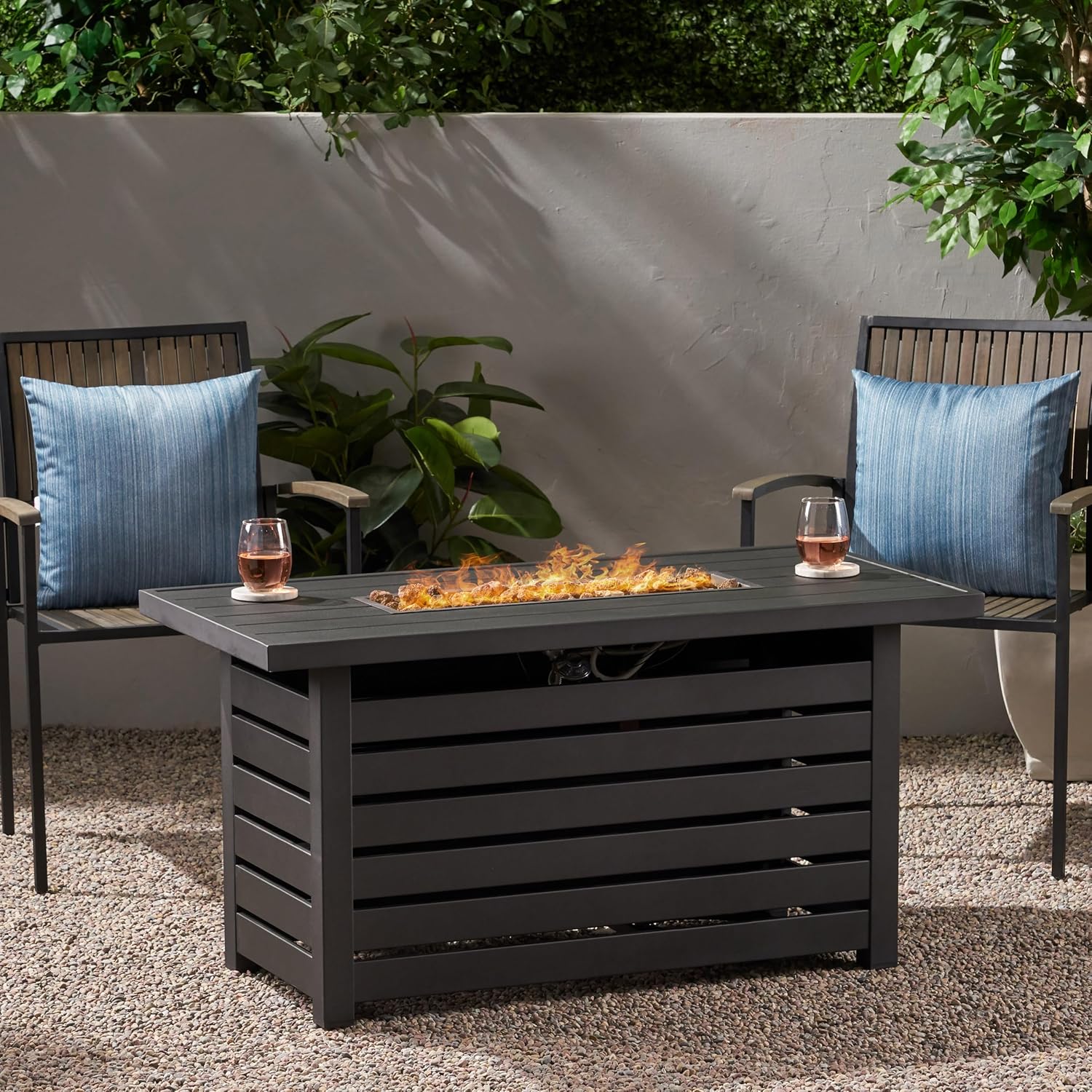 Outdoor Gas Fire Pit Table with Hidden Tank Storage, 30,000 BTU Rectangular Black Iron Fire Pit, 47.25