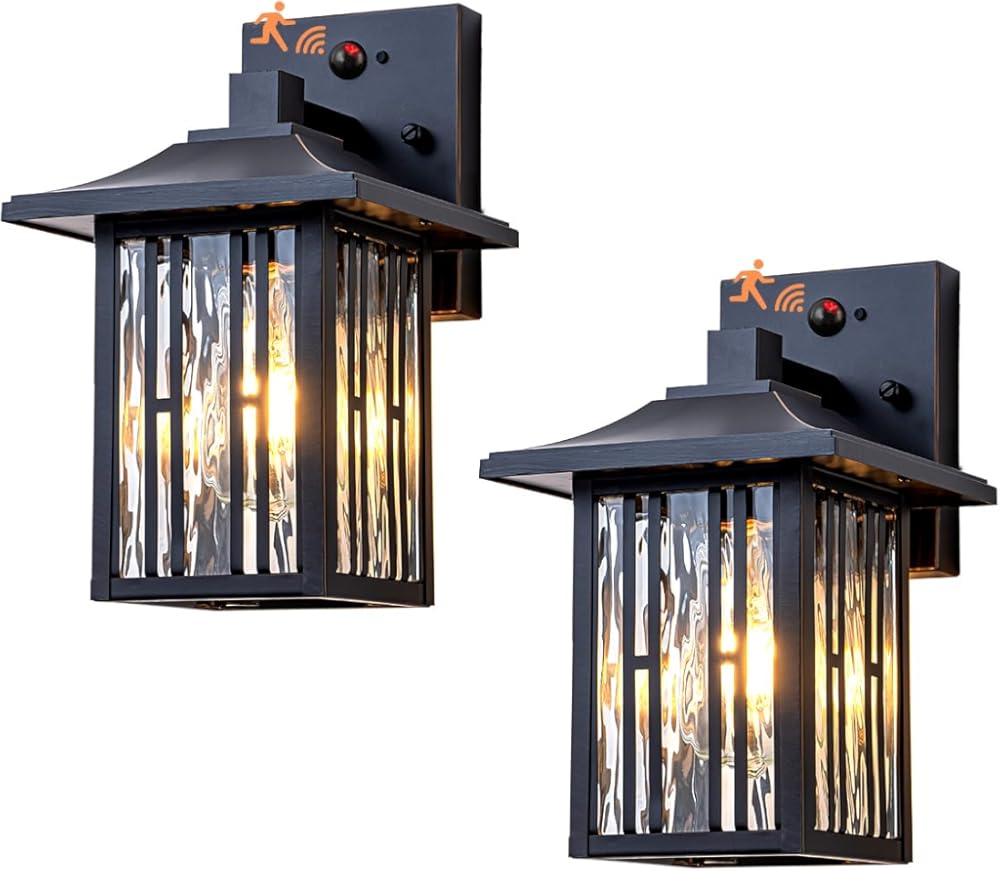 Outdoor Wall Lights with Motion Sensor, Dusk to Dawn Porch Light Sconce, Mate Black Exterior Wall Lantern with Water Glass, Patio Lighting Fixtures Wall Mount for House, Set of 2