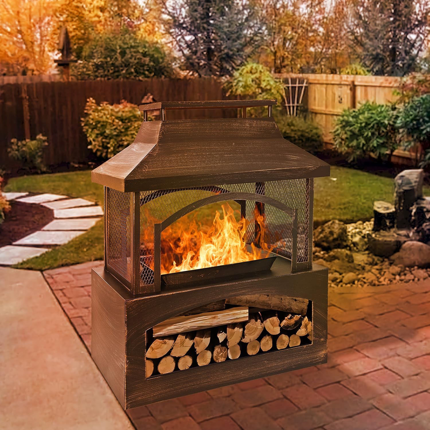 37'' Outdoor Fire Pit, Retangular Firepit with Log Storage, Poker & Tower Like Chimney Design, Firepits for Outside, Wood Burning Fire Pits, Steel Firepit, Fireplace for Bonfire & Outdoor Heating