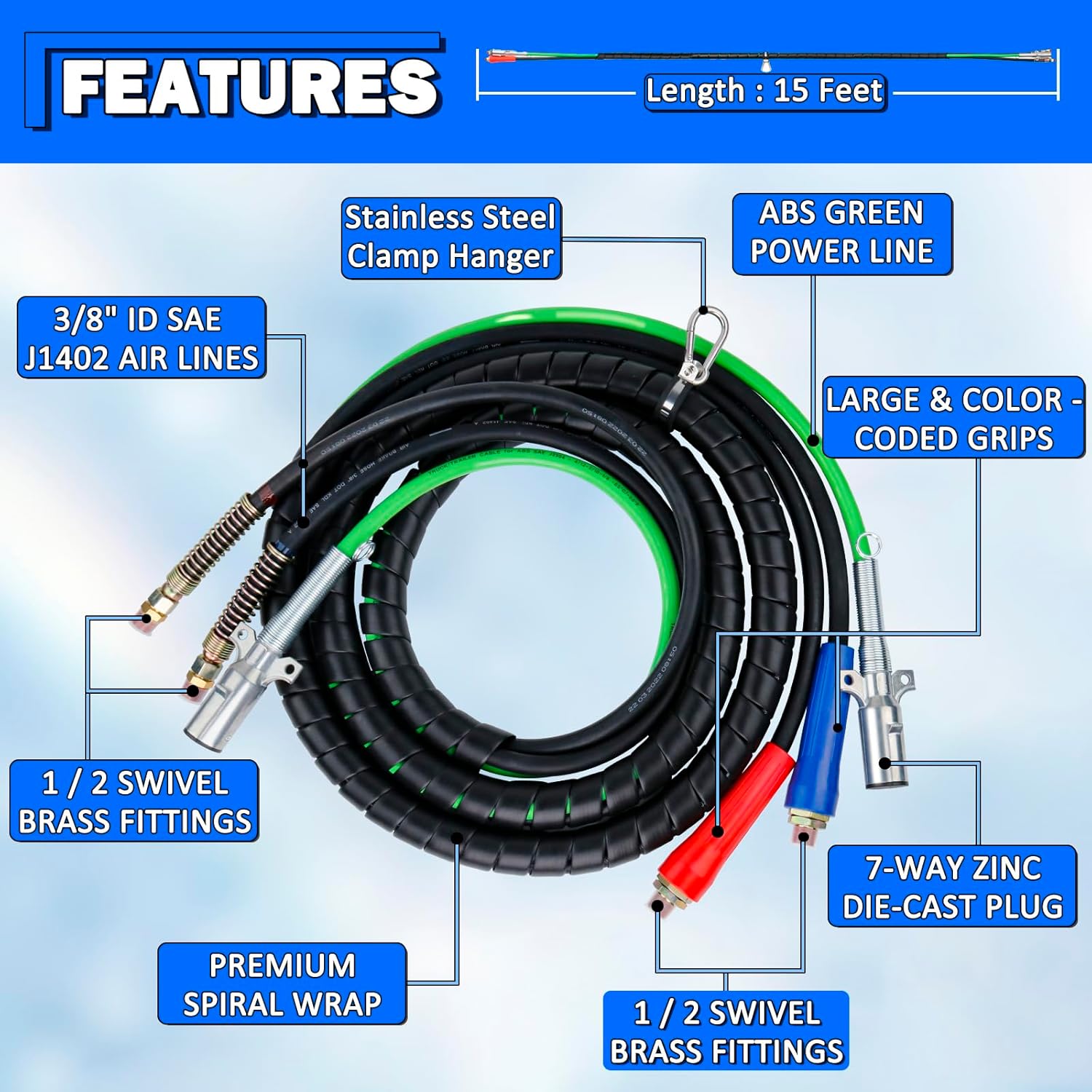 12ft 3 in 1 Air Lines for Tractor Trailer Freightliner ABS Air Brake Lines Tractor Truck Glad Hand Air Hose