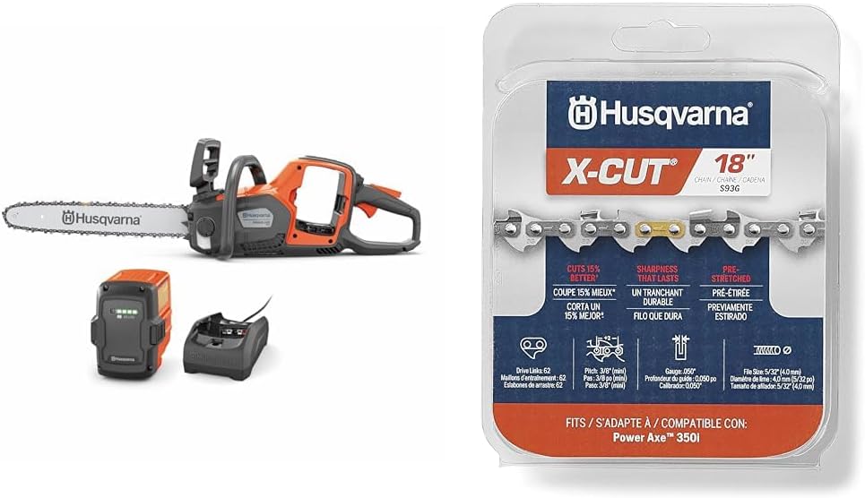 Husqvarna 970601202 350i 42V Power Axe Brushless Lithium-Ion 18 in. Cordless Chainsaw Kit & X-Cut S93G 18 Inch Chainsaw Chain, .3/8