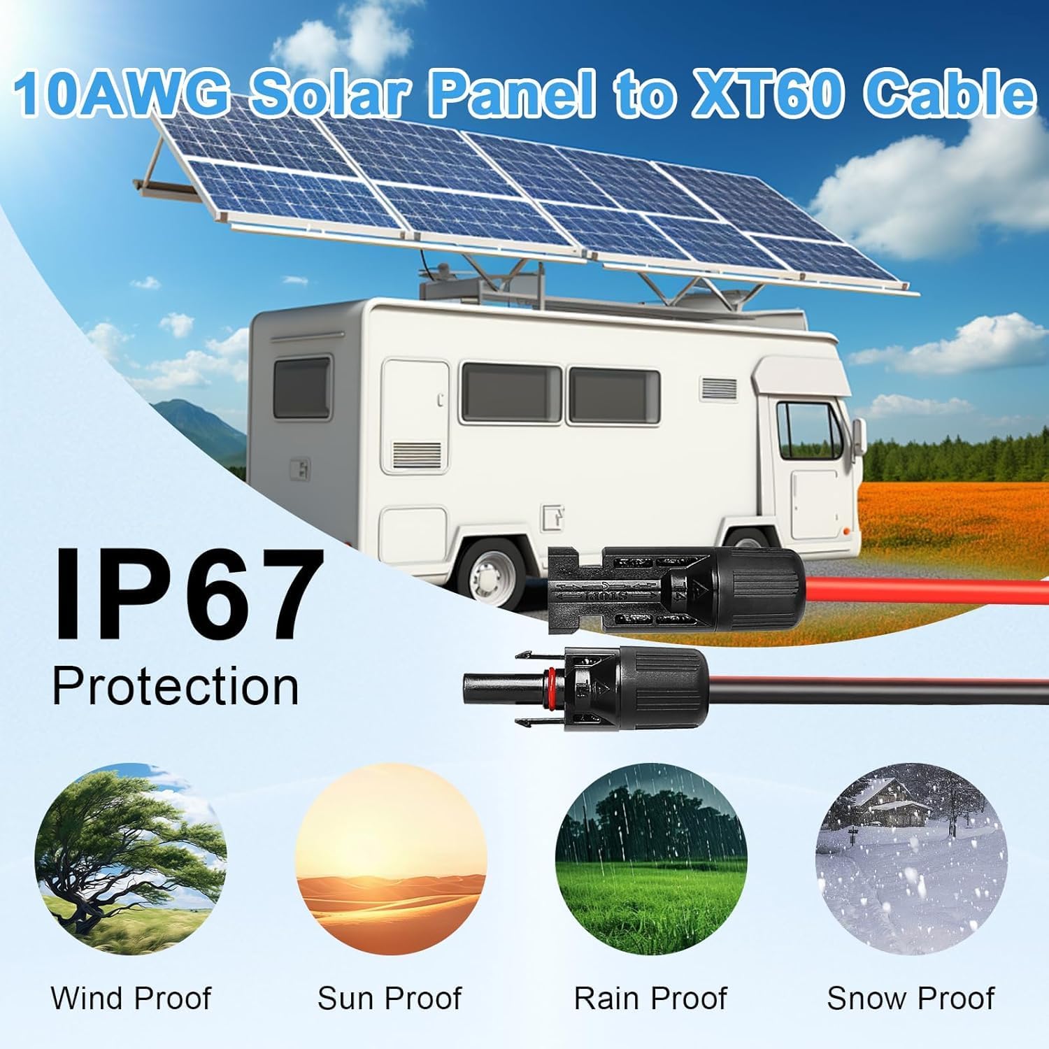 Solar to XT60 Cable 10AWG 50FT Solar Connector to XT60 Adapter Cable for Solar Panel to Battery RV Portable Power Station Solar Generator - 50 Foot