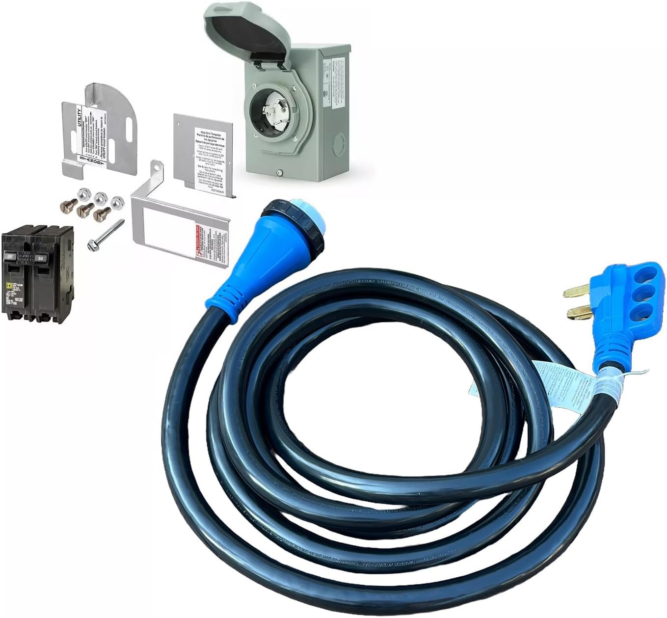 50 Amp Generator to House Hook-up Kit for Square D Homeline 150/200/225 Amp Load Center, Including Generator Cord,Power Inlet Box,Panel Interlock Kit and Circuit Breaker