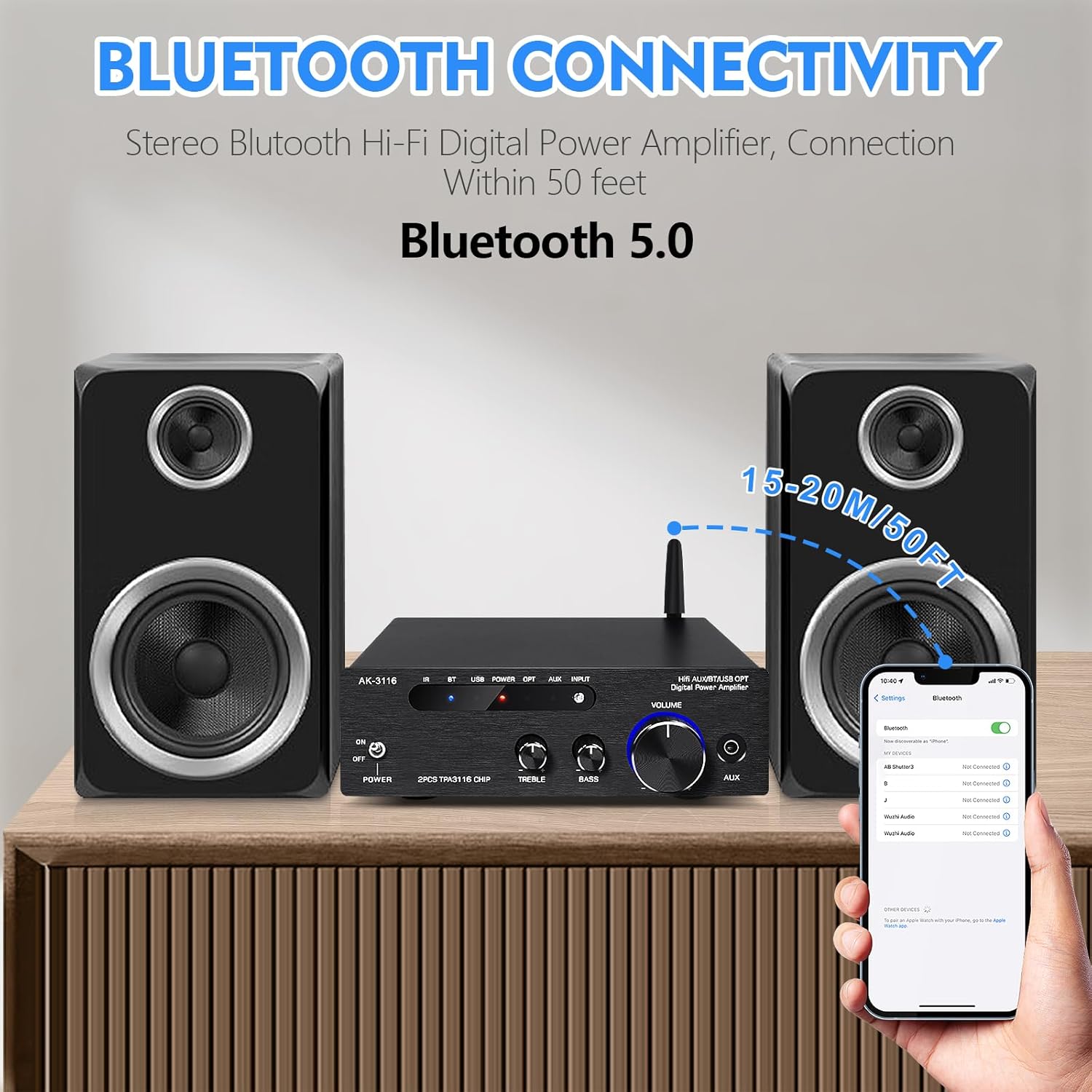 Amplifier Home Audio,Stereo Receiver Bluetooth 5.0 Power amp 100W x2 Wireless HiFi Stereo Class D Digital 2 Channel Integrated with Bass Treble Control for Passive Speakers