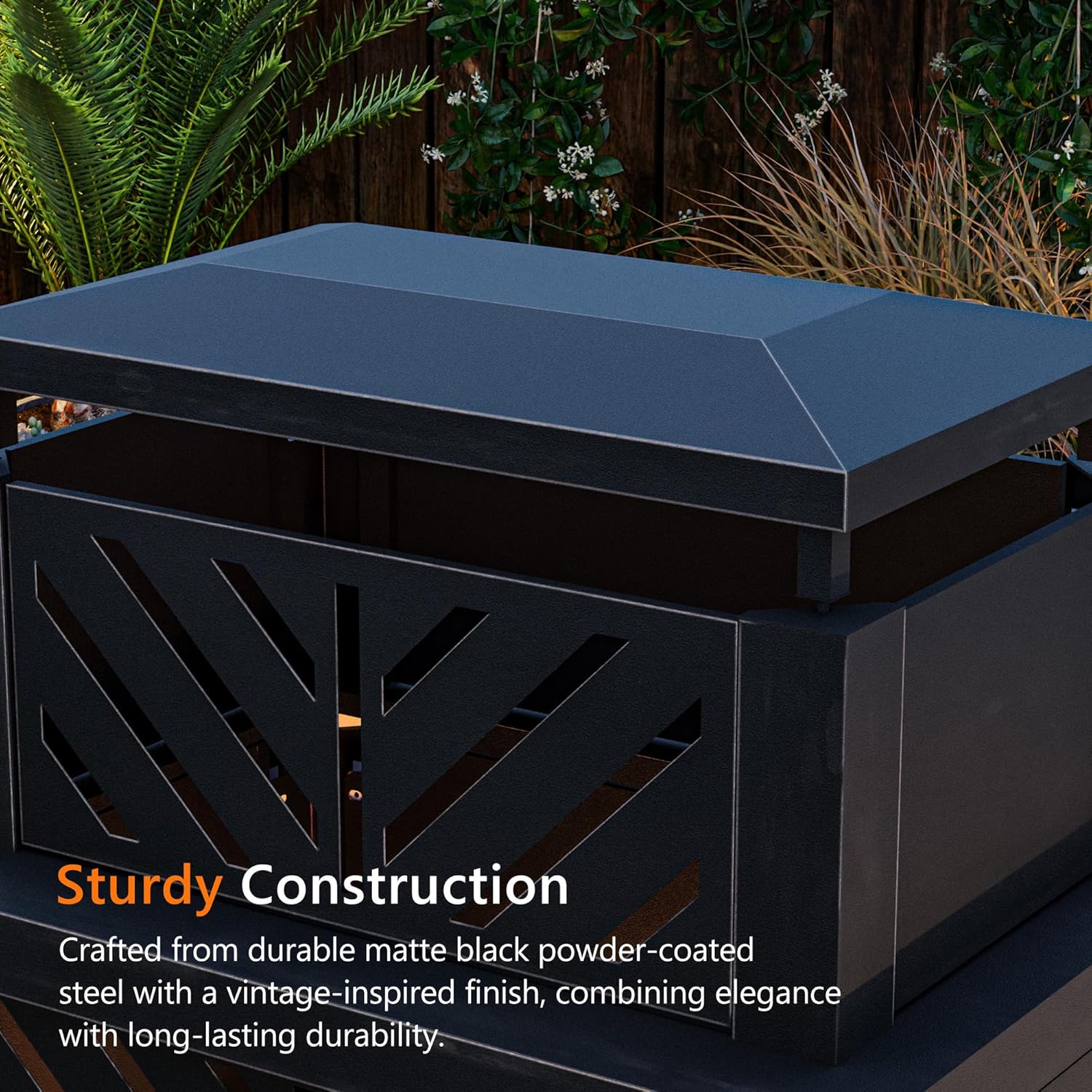 Outdoor Fireplace with Chimney and Wood Storage, Metal Wood Burning Fire Pit with Heat Resistant Gloves, Fire Poker and Grill Mesh, Outside Fireplace for Patio, Garden and Deck, Black