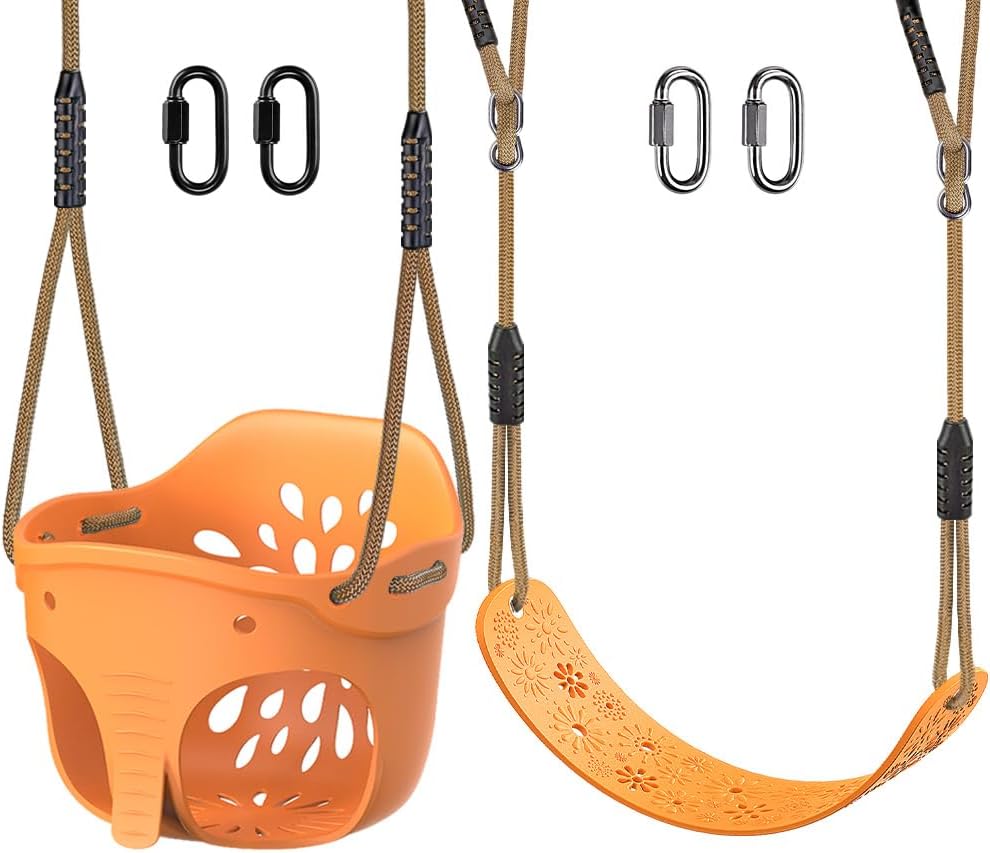 SELEWARE Toddler Swing Set Accessories, High Back Full Bucket Swing Seats with Adjustable Rope and 4 Locking Carabiners, Cute Elephant Shape Design 600LB Capacity (2 Pack)