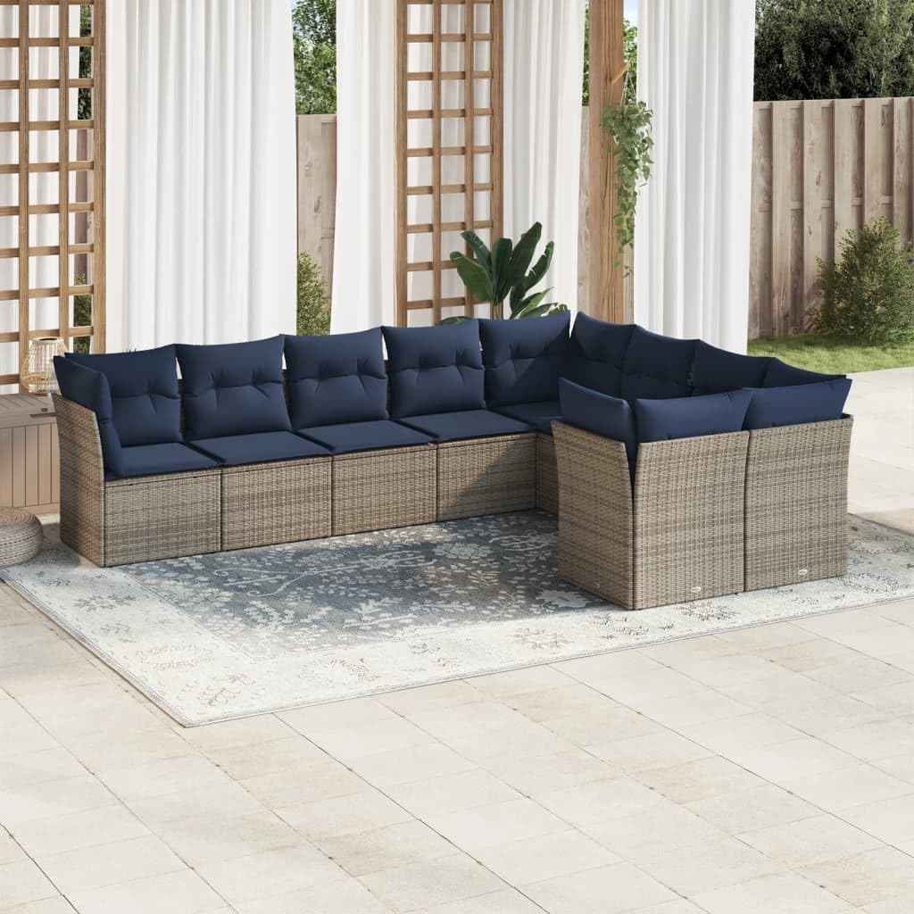 9 Piece Patio Sofa Set with Cushions, Gray Poly Rattan Outdoor Furniture, Modular Design for Backyard Terrace, UV-Proof