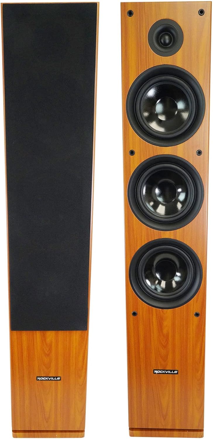Rockville RockTower 68C Passive Tower Speaker, 8 Ohm, Classic Wood Grain, 500W Peak, 3-Way, Dual 6.5