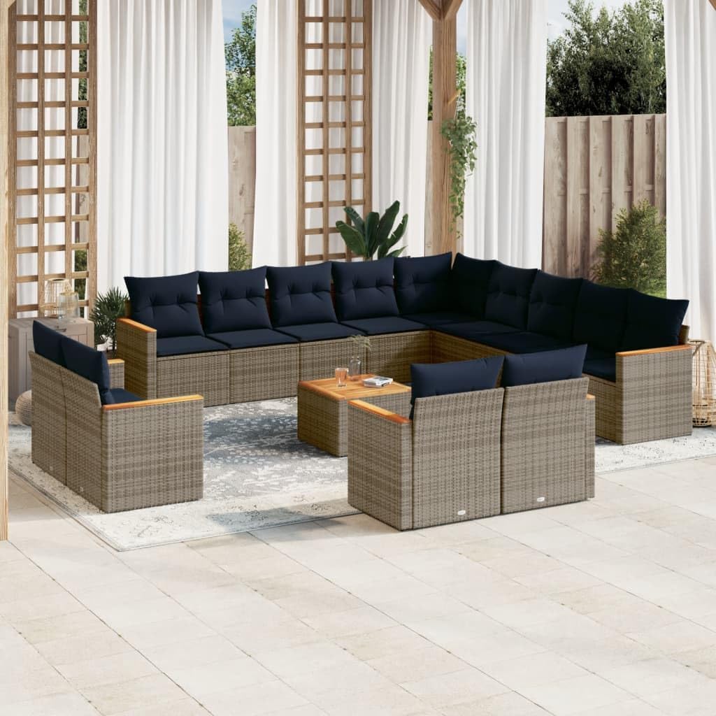 14 Piece Garden Sofa Set, Grey Poly Rattan Outdoor Furniture with Acacia Table, Modular Patio Seating for Backyard, Balcony, Terrace
