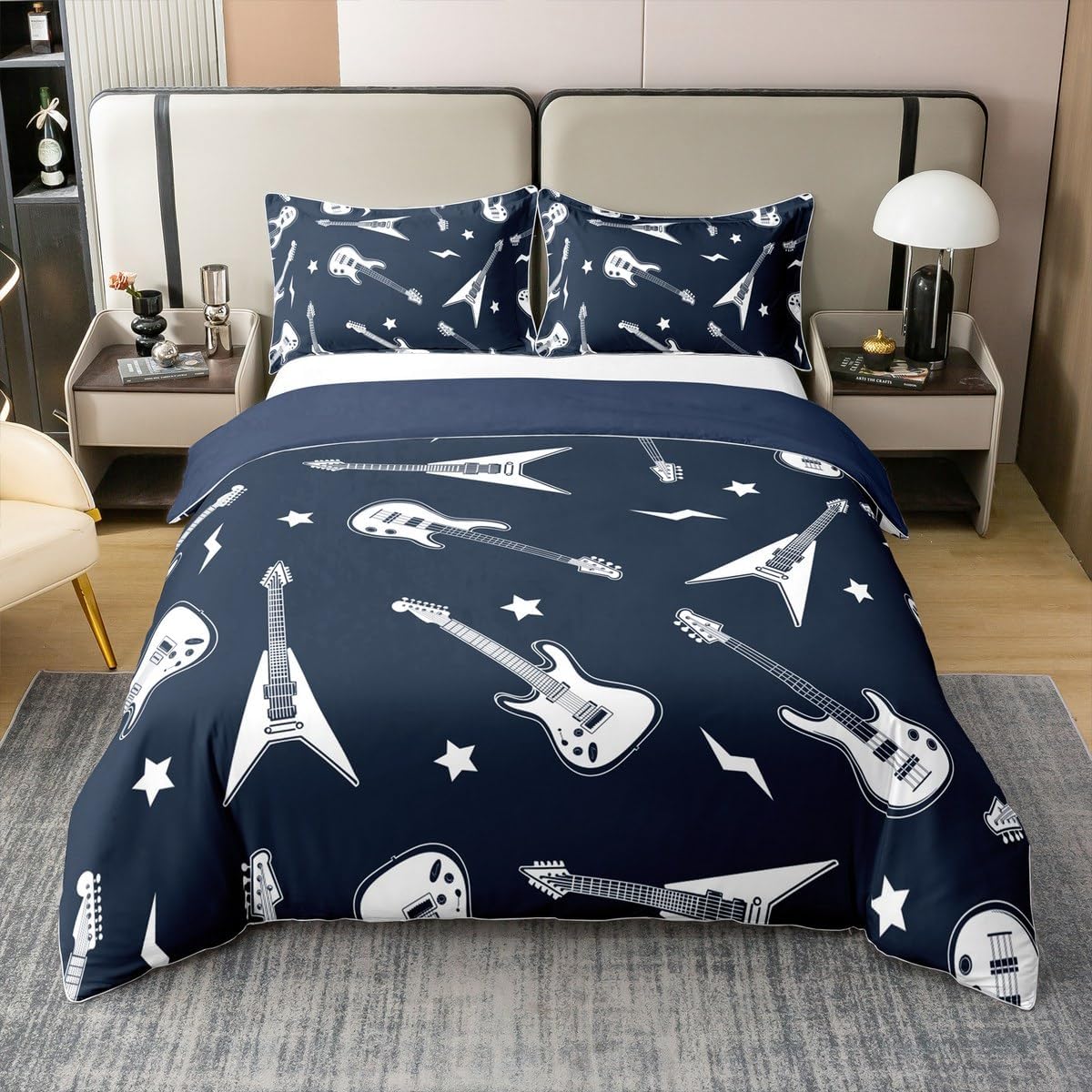 Manfei King Size 100% Cotton Guitar Bass Duvet Cover Music Theme Guitars Bedding Set Boys Girls Funny Musical Instrument Soft Comforter Cover Kids Bedroom Decor,No Comforter,Navy Blue
