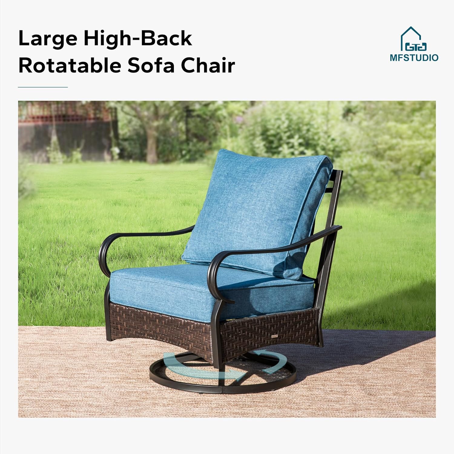 MFSTUDIO 4 Pieces Outdoor Patio Furniture Set, Metal Outdoor Conversation Set, Rattan Wicker Patio Sectional Set with 2 x Swivel Single Sofa, 3-Seat Sofa, 1 x Fire Pit Table, Navy Blue