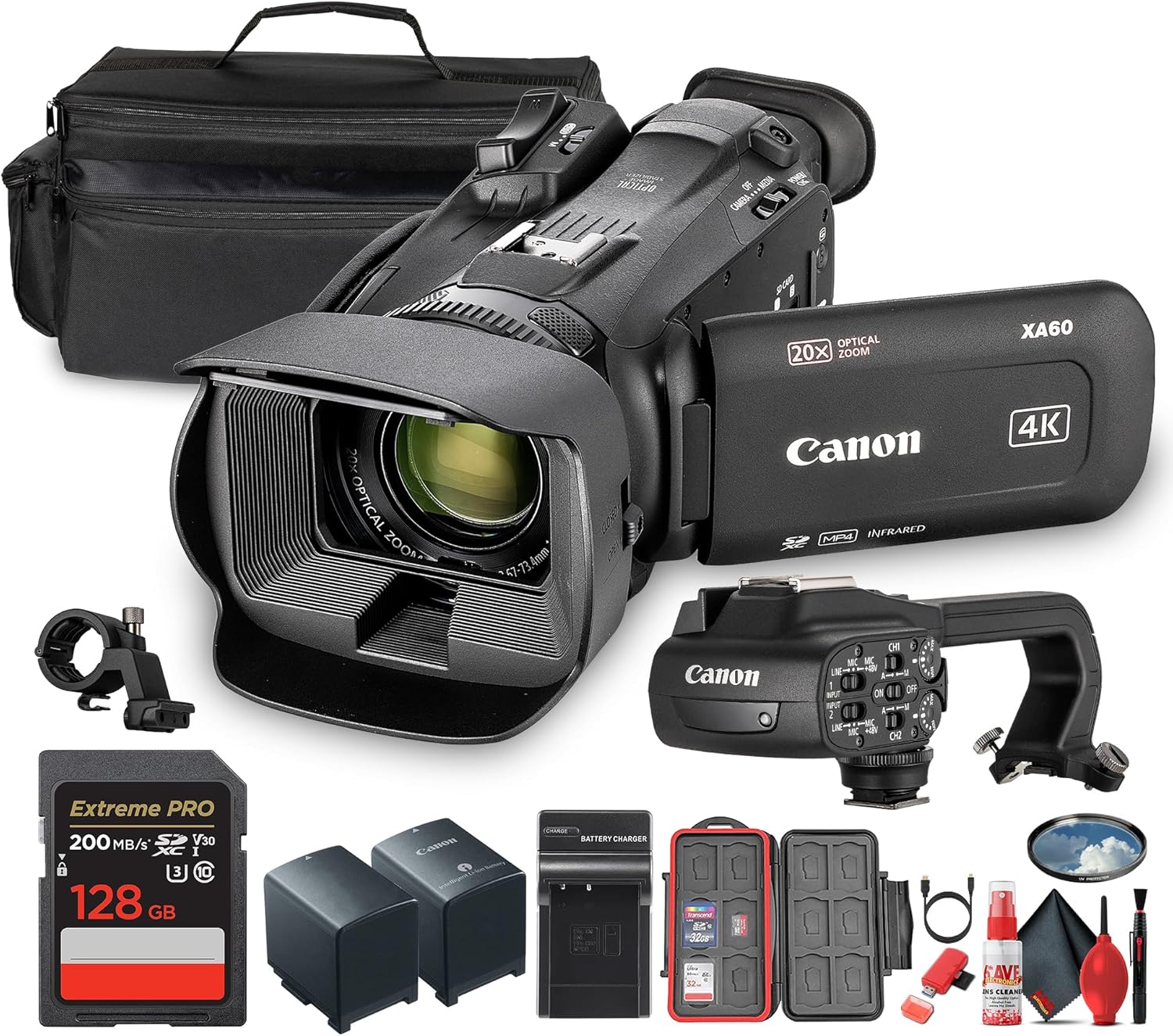 Canon XA60 PAL Professional UHD 4K Camcorder + 128GB Memory Card + Replacement Battery + Charger + Camera Bag + 58MM UV Filter + Protective Memory Card Case + Cleaning Kit + More (Renewed)