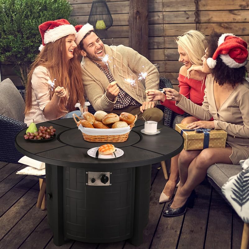 TLGREEN Outdoor Propane Firepit Table, 42Inch, 50,000 BTU Auto-Ignition Rounded Fireplace with Waterproof Table Cover, Lid and Blue Stone,for Patio and Garden