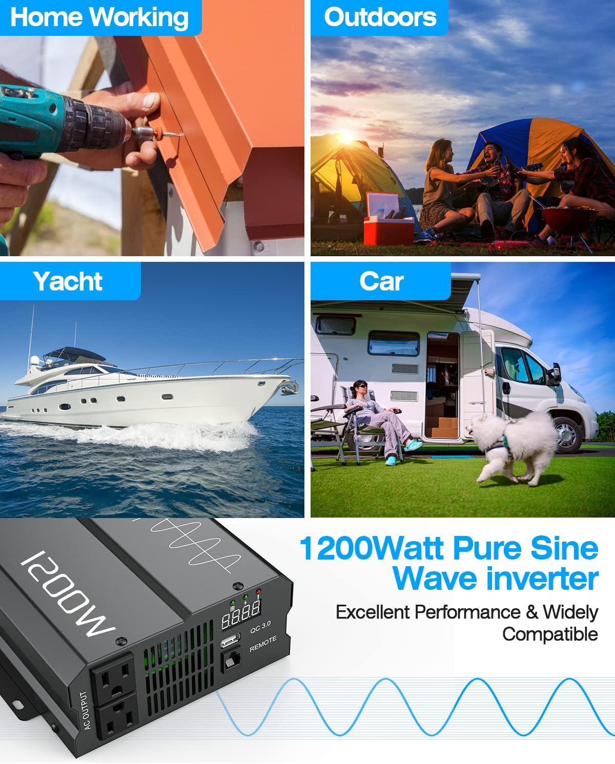 2400W Peak Pure Sine Wave Power Inverter 12V DC to 120V AC, Power Inverter 12V to 110V with QC3.0 USB, 3 AC Outlets, Off-Grid Solar Starlinks System Converter for Home, RV, Remote Controller