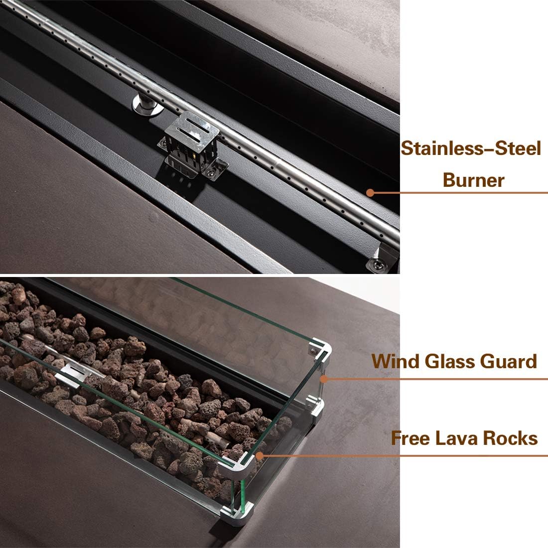 AQUILLA Propane Fire Pit, Smokeless w Tank Cover Table 3 Pieces, Rectangular Brown Color 50000 BTU Burner w Glass Wind Guard, Free Lava Rock for Poolside, Porch, Garden