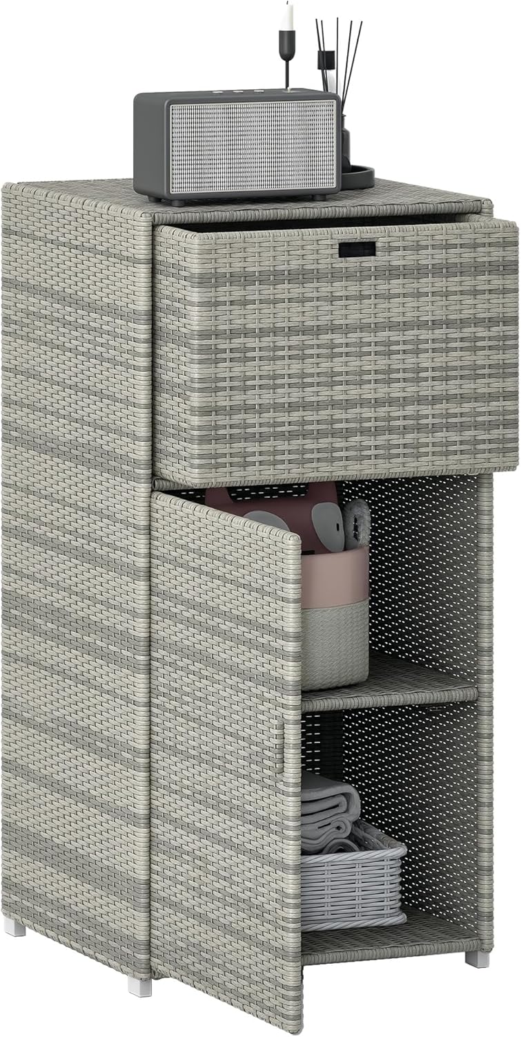 Outsunny Outdoor Towel Rack & Pool Storage Cabinet/Hot Tub Accessory Storage, Waterproof PE Rattan Cabinet & Basket Drawer for Indoor, Swimming Pool, Spa, 24