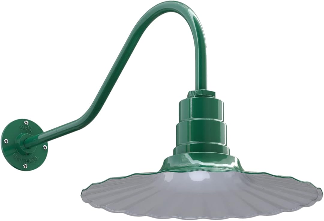 Steel Lighting Co. Highland Park Barn Light | Outdoor Wall Mounted | 16 inch Radial Wave | 23 inch Gooseneck | Vintage Style Made in America | Green Exterior/White Interior