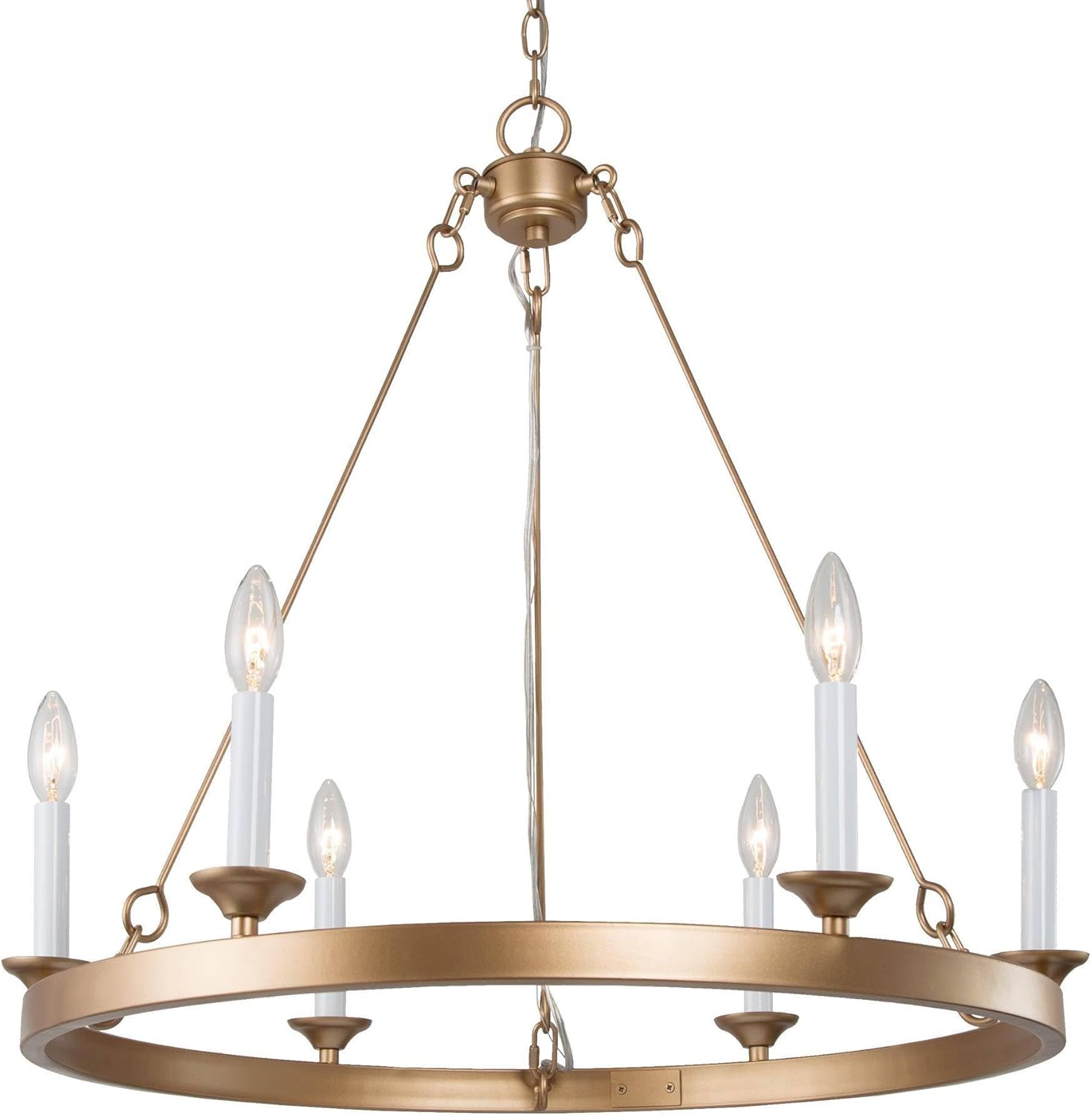 Uolfin Wagon Wheel Chandelier Gold, Modern Large 26.5” Dining Room Chandelier Light Fixture with 6 White Candlesticks for Kitchen, Living Room and Bedroom