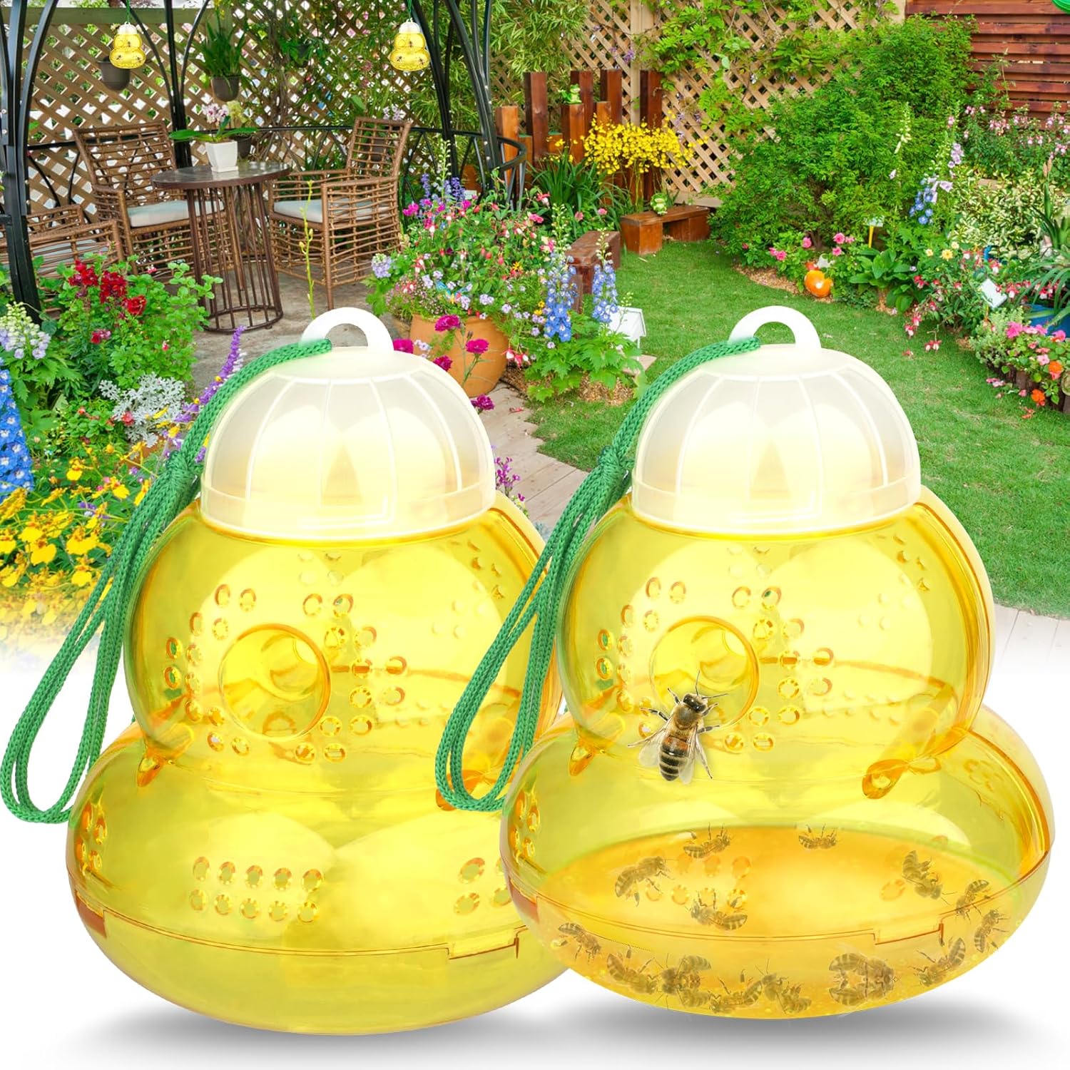 Wasp Traps Outdoor Hanging, New Upgrade Wasps Repellent Trap Bee Traps for Outside, Wasp Deterrent Killer Insect Catcher, Non-Toxic Reusable Hornet Traps Yellow Jacket Traps (2 Pack - Yellow)