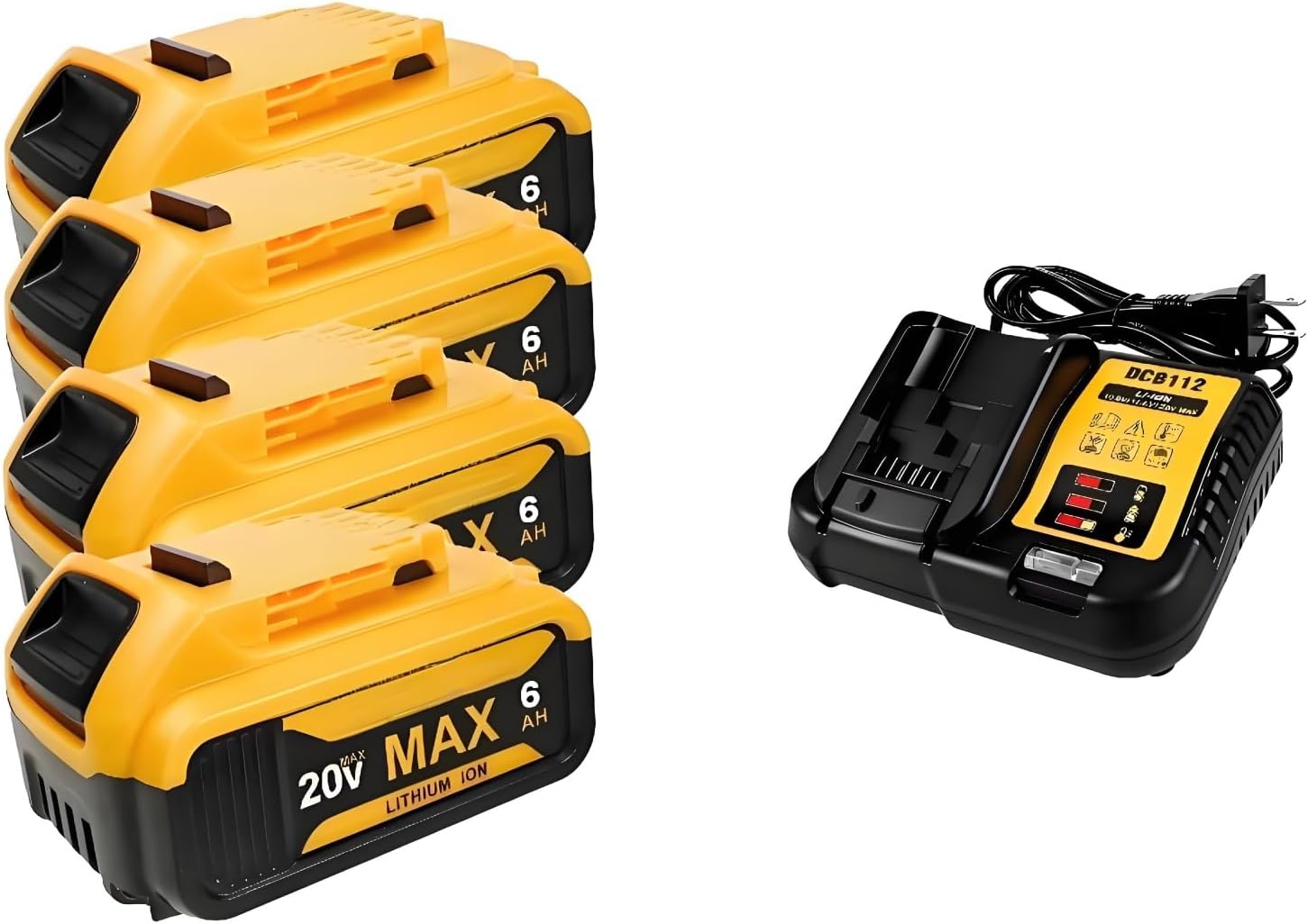 20V 6Ah Lithium Ion Backup Battery Pack Compatible for DeWalt 20V Max Power Tools Cordless Drills Saws Garden Blowers DCB206 DCB182 DCB200(20V 6ah 4pcs with Charger)