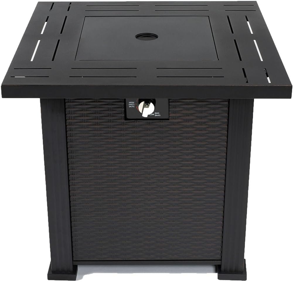 Outdoor Furniture Propane Fire Pit Table Square Tabletop Fire Pit with Wicker-Look Panels & Hidden Tank Storage Adjustable Flame Control Patio Deck Backyard