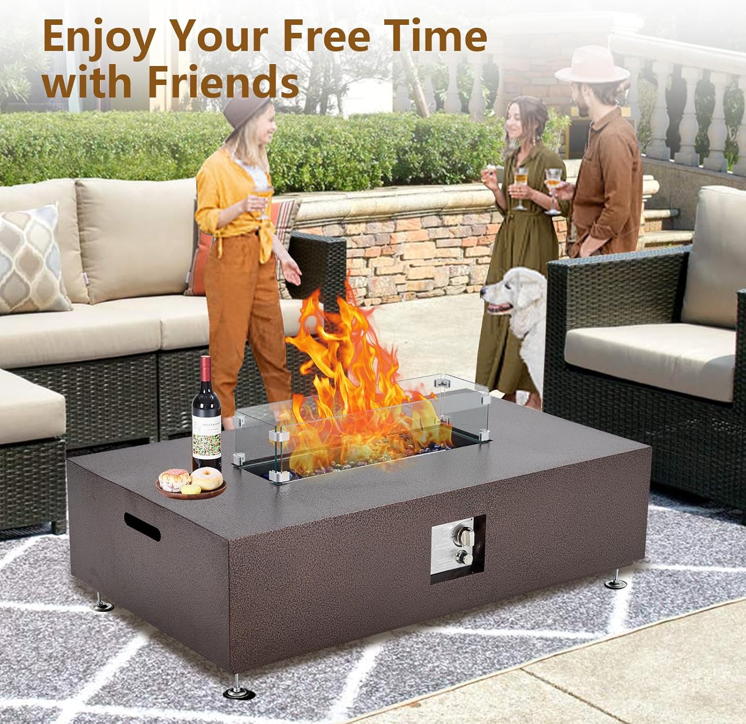 48 Inch Outdoor Propane Fire Pit Table, 50000BTU Steel Gas Firepit with Wind Guard, Add Warmth and Ambience to Parties On Outside Patio Deck Garden, CSA Safety Certified Glass Beads & Rain Cover