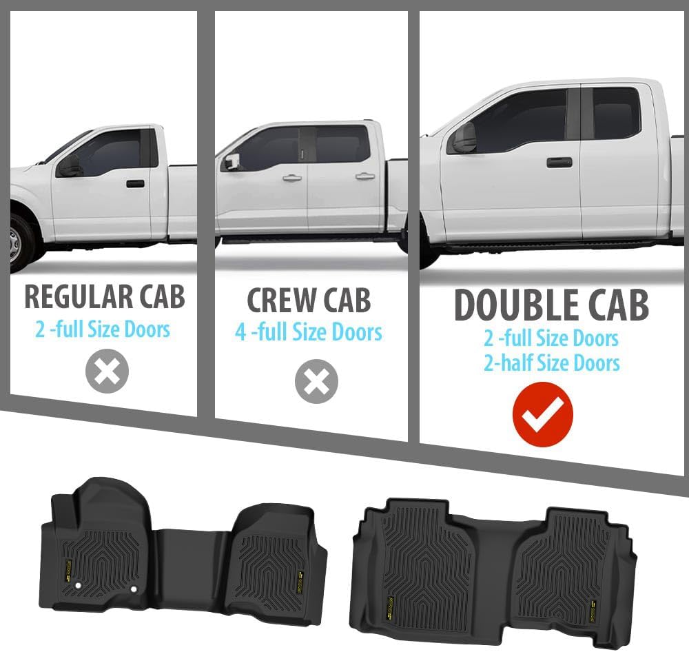 TPE Floor Mats Fit Chevy Silverado/GMC Sierra 1500 Double Cab 2019-2024 1st and 2nd Row Truck Accessories Cargo Liners All Weather Protection 2PCS