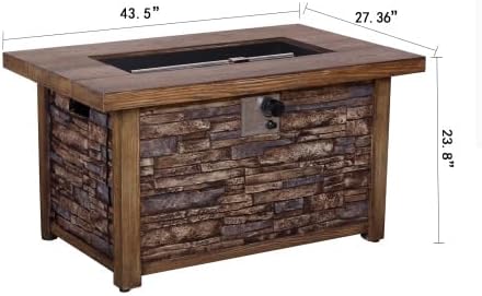 43.5 Inch 50,000 BTU Rectangle Fire Pit Table Weather Cover, Steel Lid, Lava Rock, Faux Woodgrain Top and Faux Stone Texture Base Propane Gas Fire Table for Outdoor