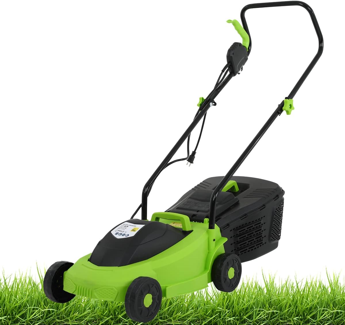 HKLGorg Electric Lawn Mower, 13-Inch 12 Amp Corded Push Mower with 3-Position Height Adjustment, 25L Collection Box, Corded Folding Handle, Electric Dethatcher for Yard, Lawn and Garden Care (Green)
