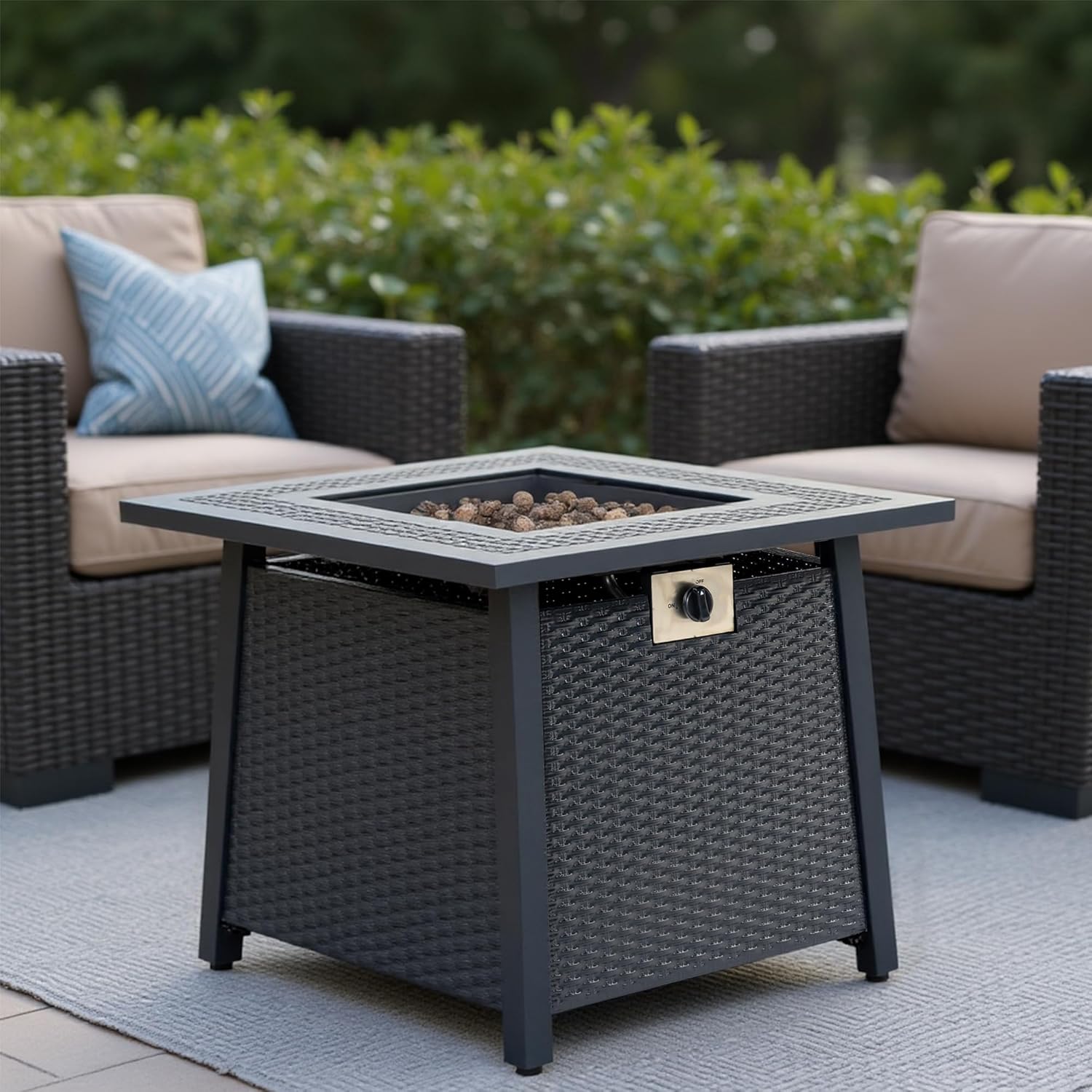 Outdoor Gas Fire Pit Table, 28-inch Square, Wicker Pattern Base, Black