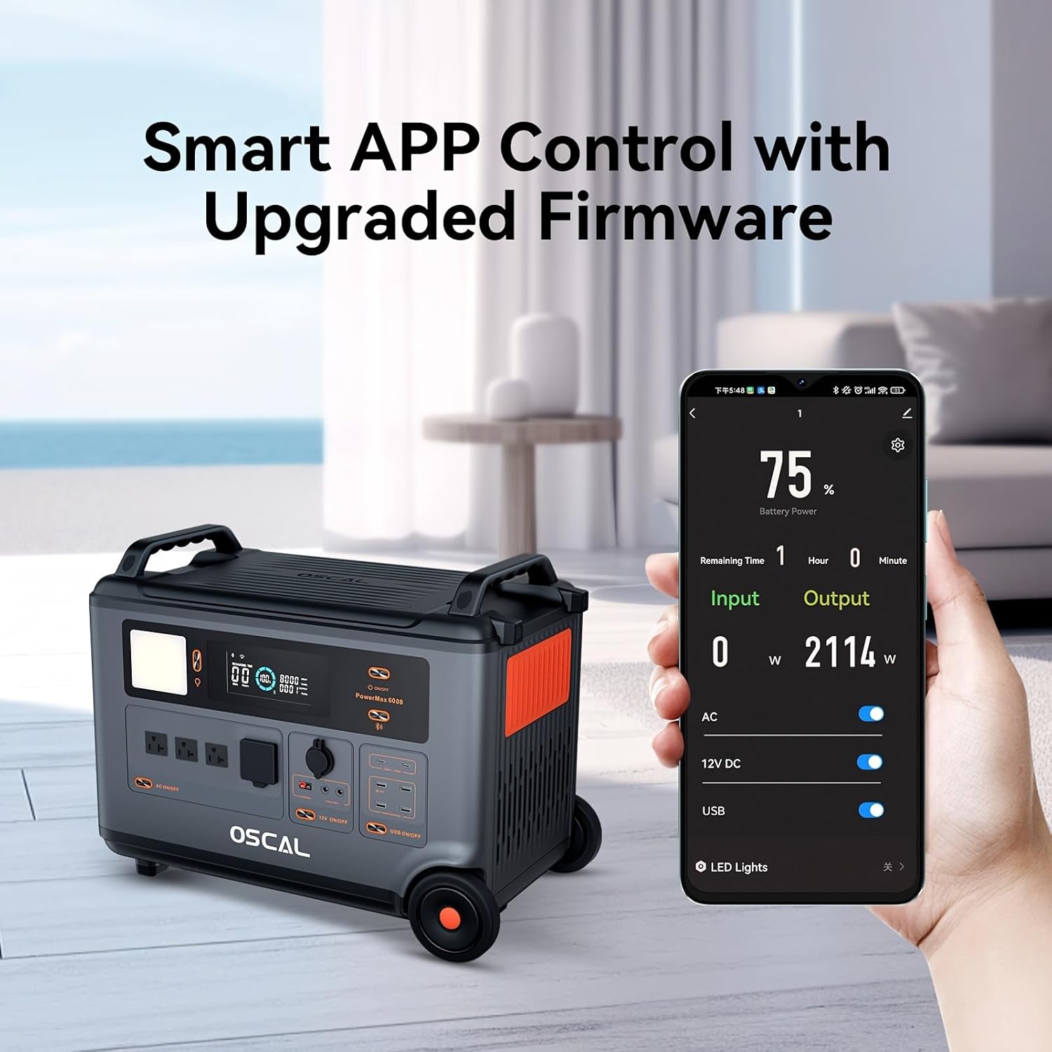 OSCAL PowerMax 6000 Solar Generator with 200W Solar Panel, 120V/240V Portable Power Station 6000W AC Outlets (7200W Peak), 2200W AC Charging/2400W Solar Charging, Emergency for Home, Battery Backup